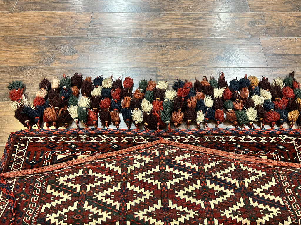 Antique Turkoman Camel Trapping, Turkoman Asmalyk, Red Black Ivory, Handmade, Hand Knotted Tribal Collectible Rug, Rare
