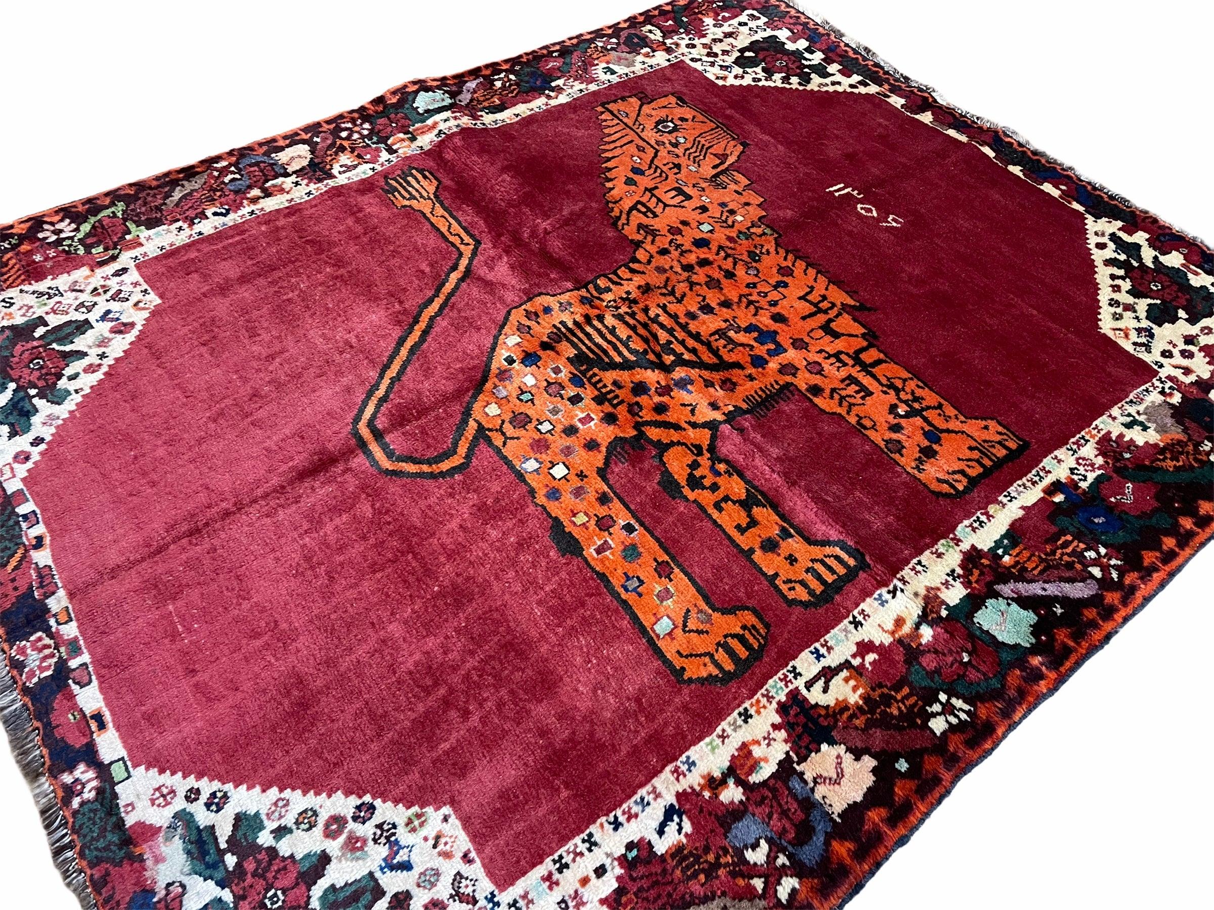 5 X 6 Handmade Rug Zagros Quality Wool Rug Lion Organic Dyes Red Leopard Tribal