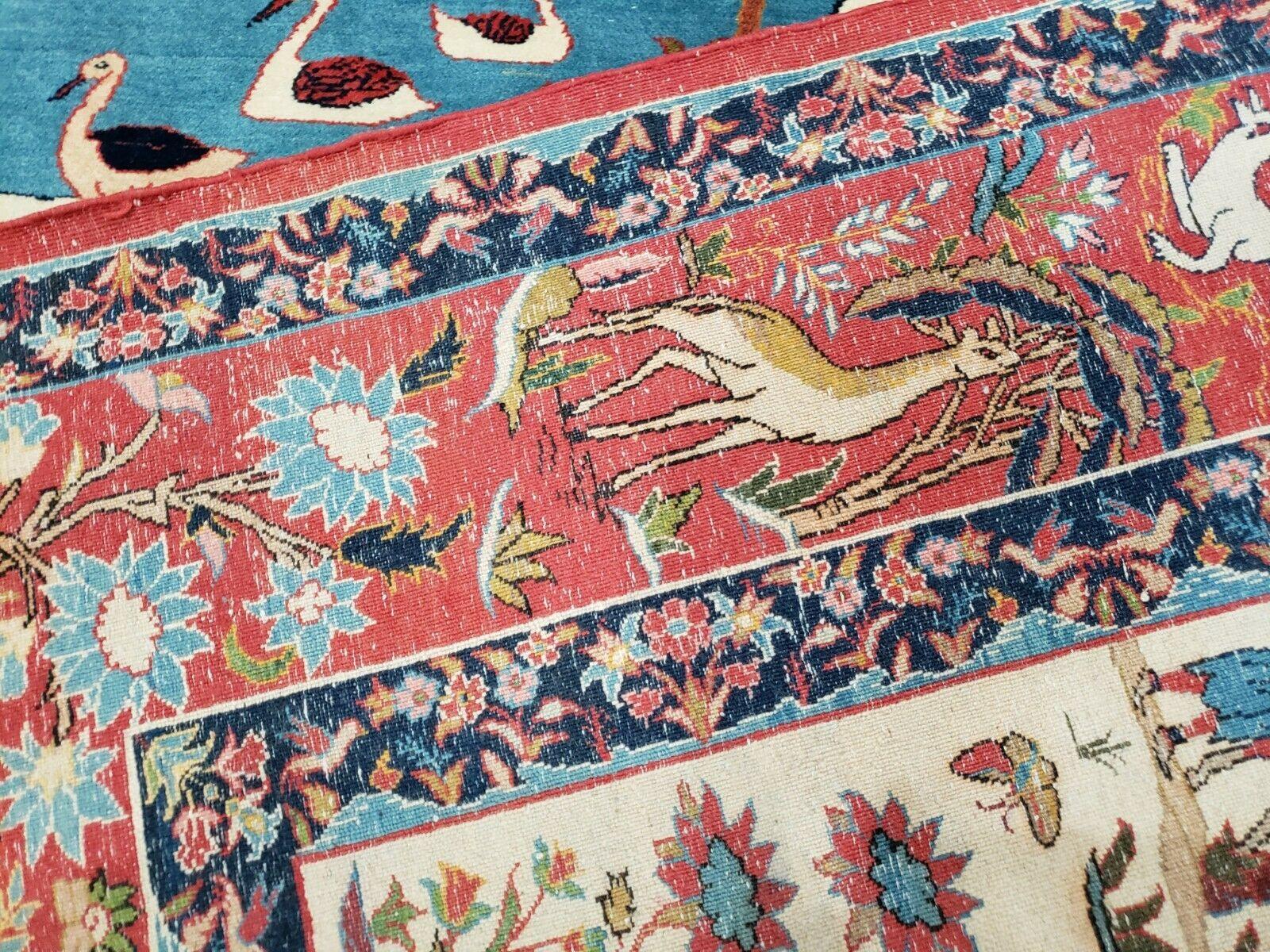 Antique Persian Isfahan Rug 5x7, Animal and Human Pictorials, Hand Knotted Fine Oriental Wool Carpet, Cream and Red, High KPSI, Vintage Rug 5 x 7 ft