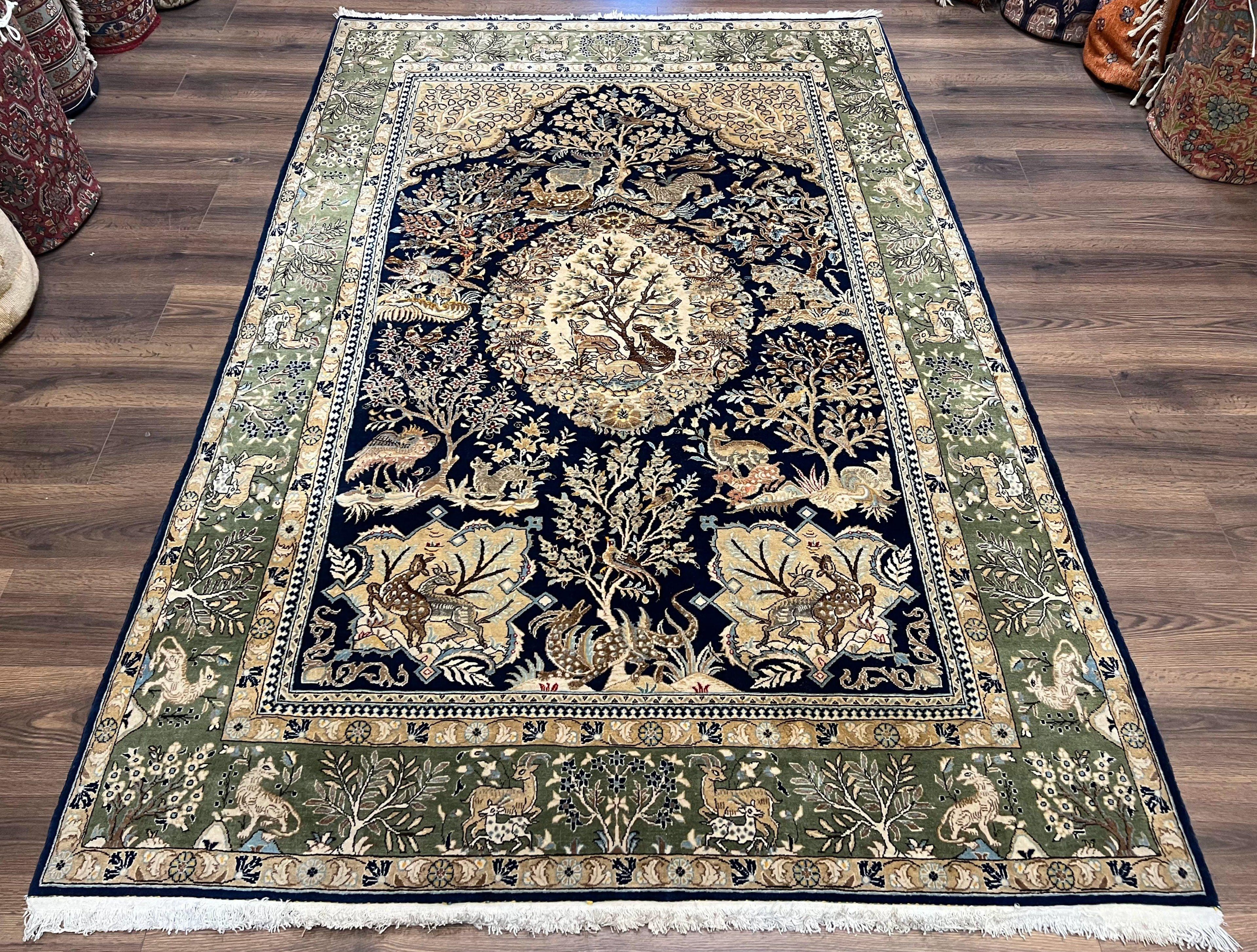 Wonderful Persian Qum Rug 6x9, Animal Pictorials, Tree of Life, Deer Birds, Hand Knotted Oriental Ghom Carpet, Semi Antique Vintage, Navy Blue Green