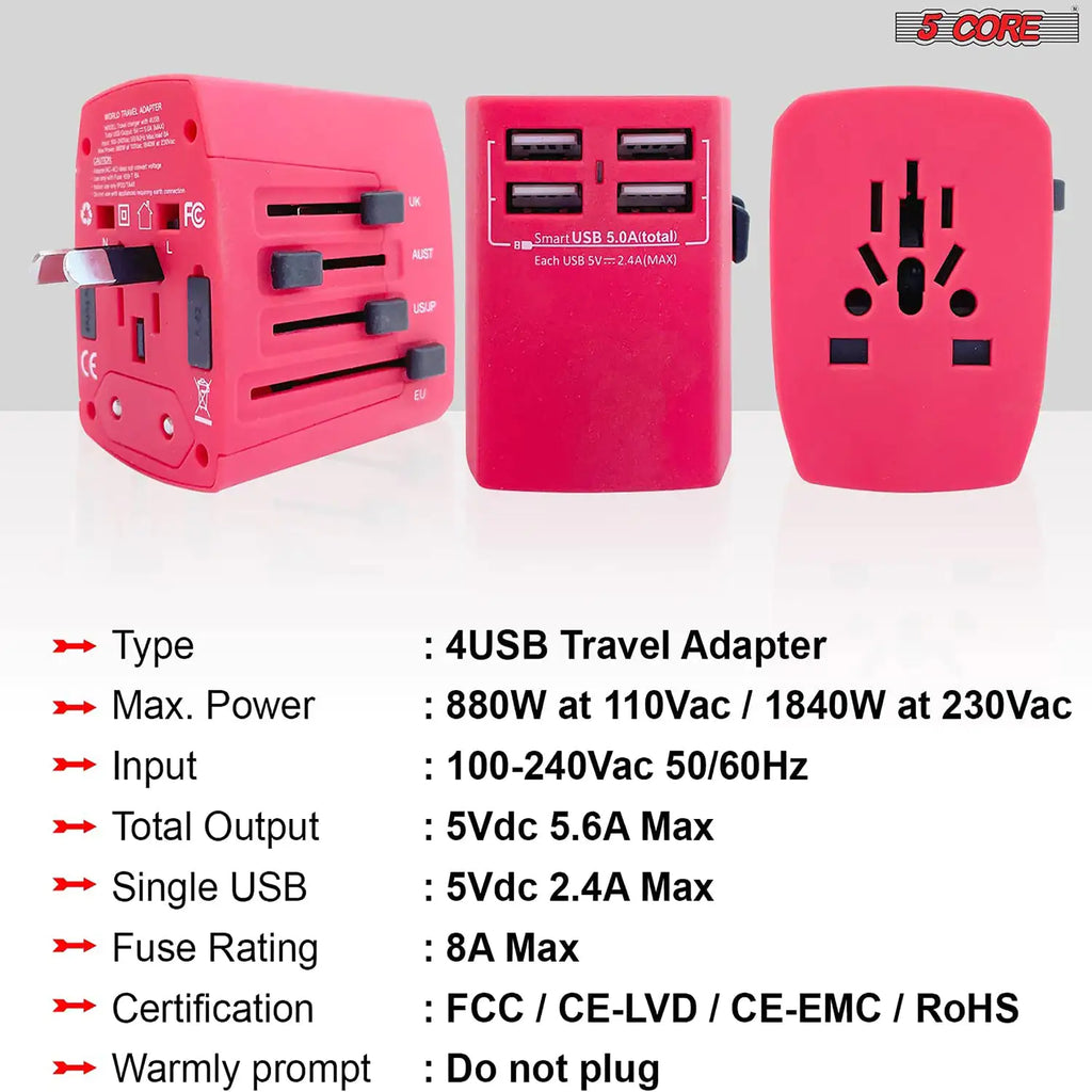Universal Travel Adapter International Power Adapters 3 Pack Multicharger Plug w 4 USB Ports