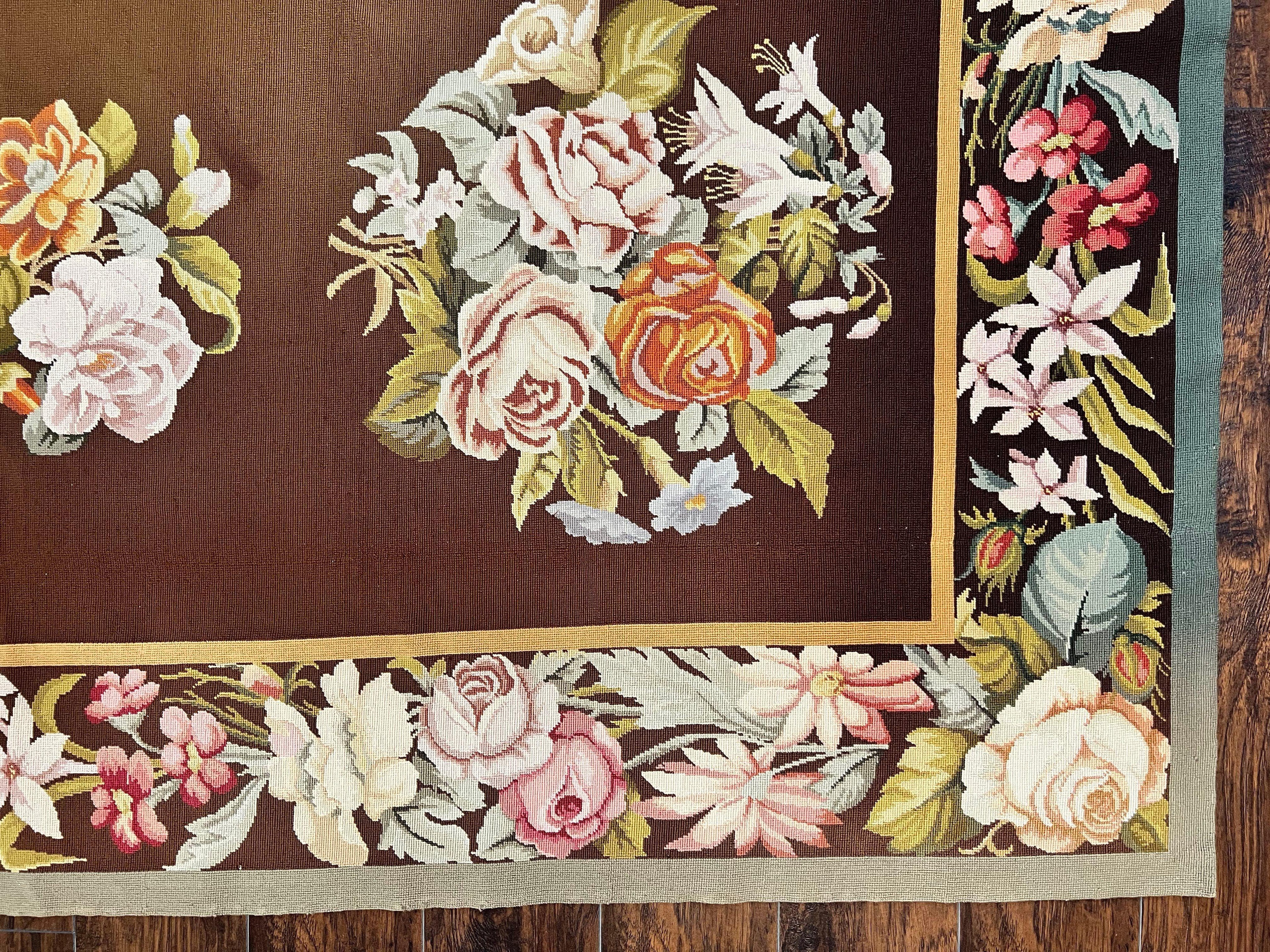 Vintage Needlepoint Rug 9x12, Large Handmade Hand-woven Needlepoint Carpet, Brown Area Rug, Floral Bouquets, Wool Rug, European Design