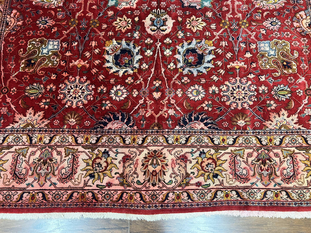 Persian Tabriz Rug 10x12, Floral Allover, Handmade Vintage Wool Carpet, Red and Cream