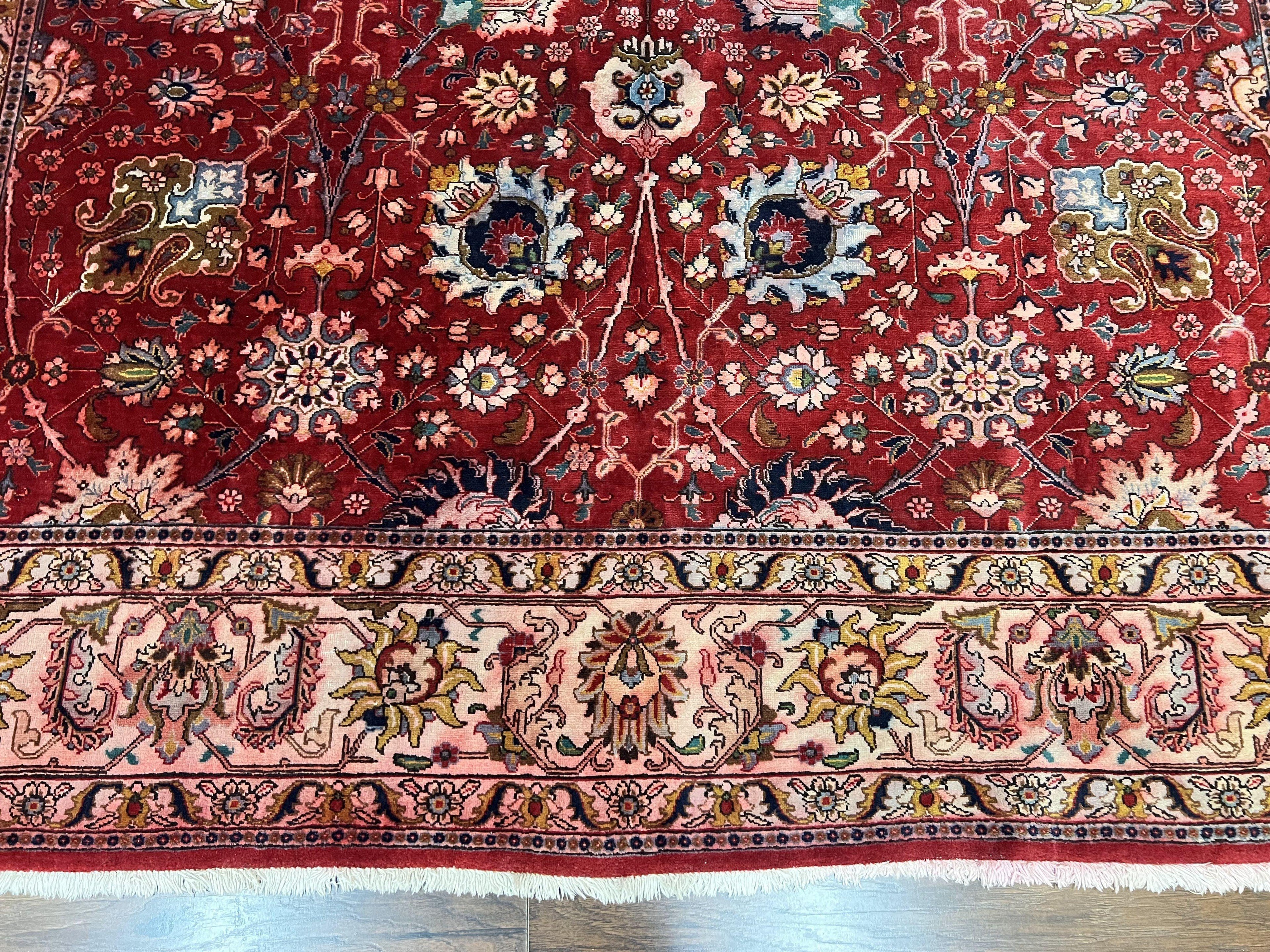 Persian Tabriz Rug 10x12, Floral Allover, Handmade Vintage Wool Carpet, Red and Cream