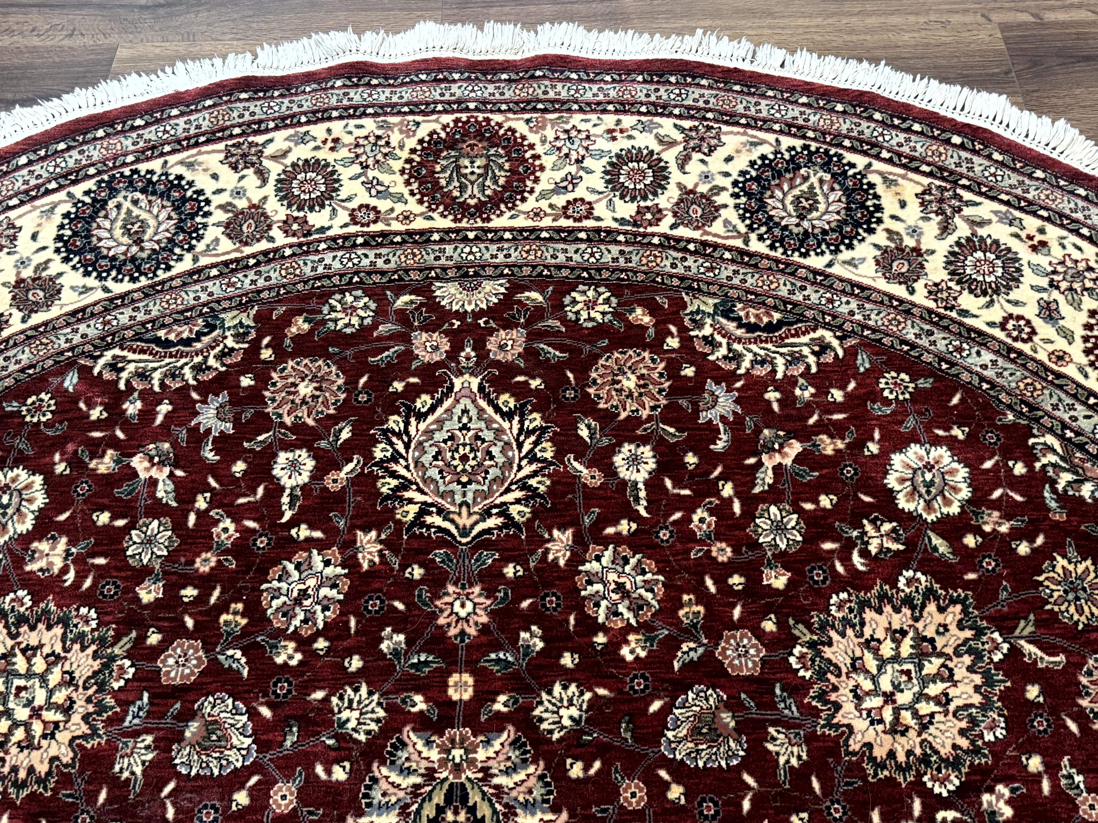 Round Sino Persian Rug 9x9, Burgundy and Cream, Floral, Wool and Silk, 9ft Round Carpet