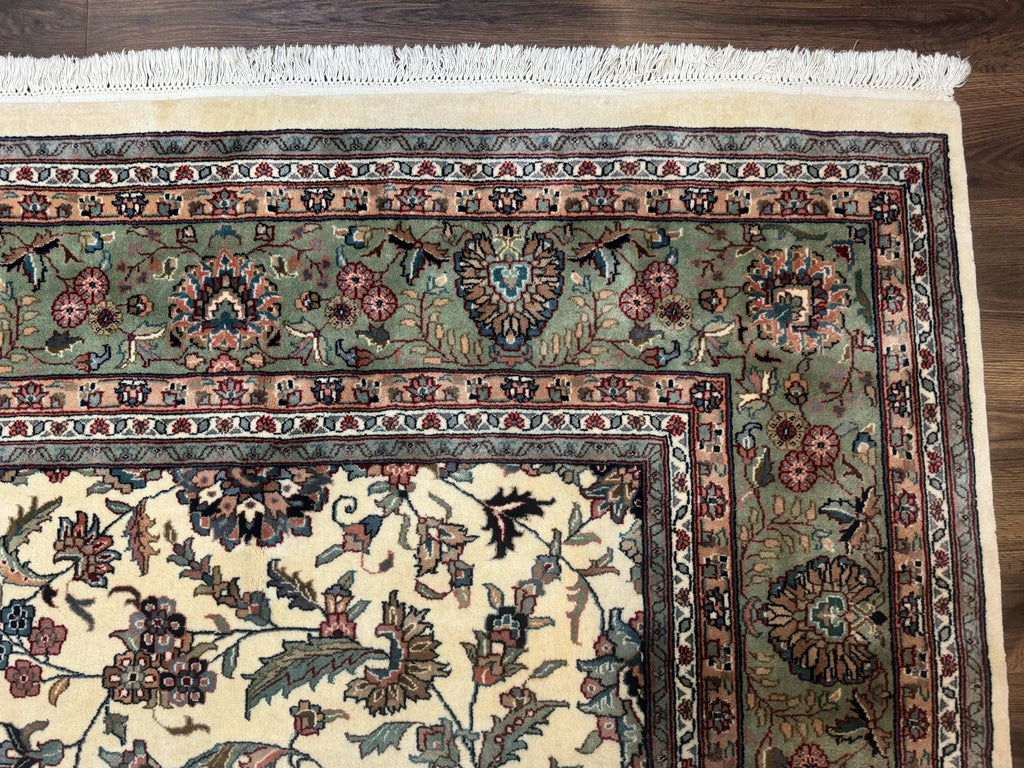 Indo Persian Rug 9x12, Allover Floral Pattern, Ivory & Green, Traditional Oriental Carpet
