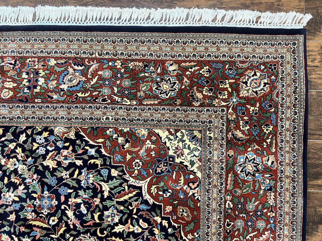 Indo Persian Rug 8x10, Floral Medallion, Vintage Handmade Wool Carpet, Navy Blue and Red, Fine 300 KPSI