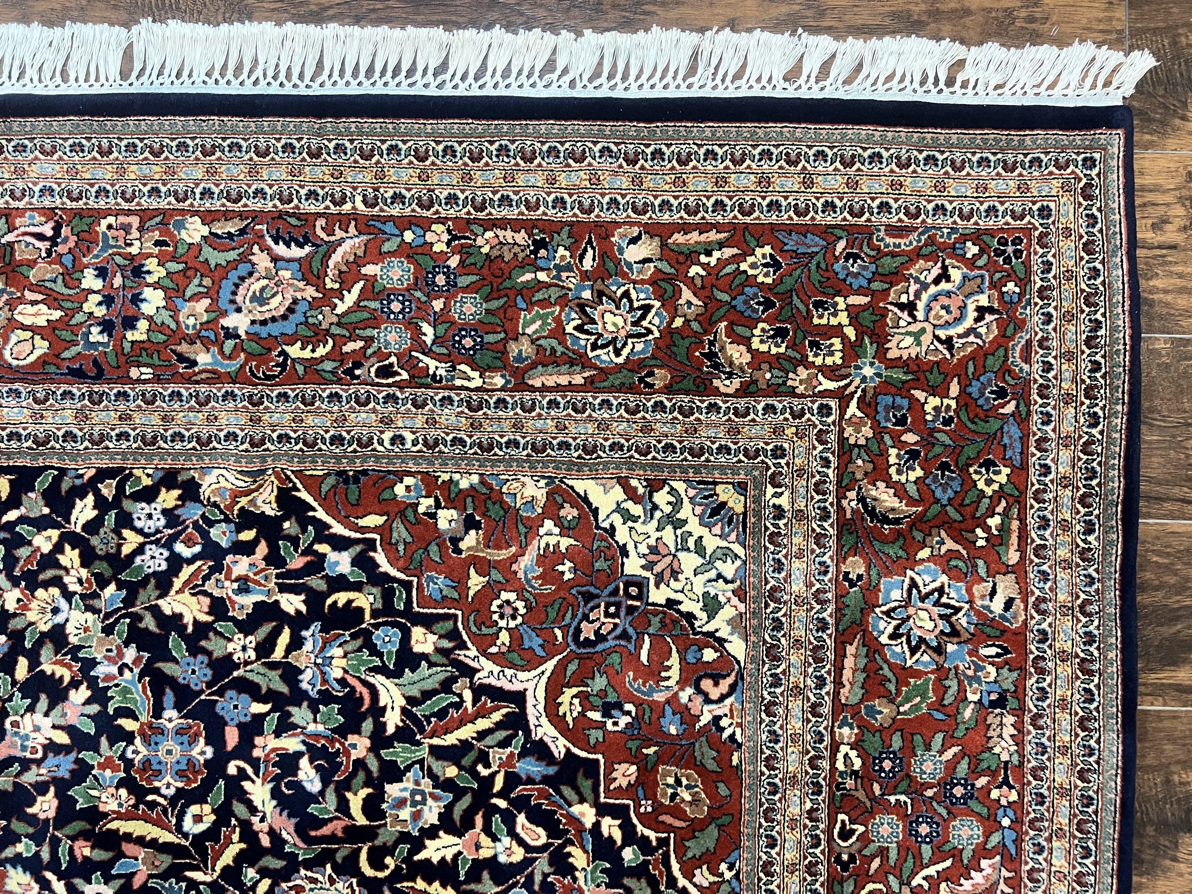 Indo Persian Rug 8x10, Floral Medallion, Vintage Handmade Wool Carpet, Navy Blue and Red, Fine 300 KPSI