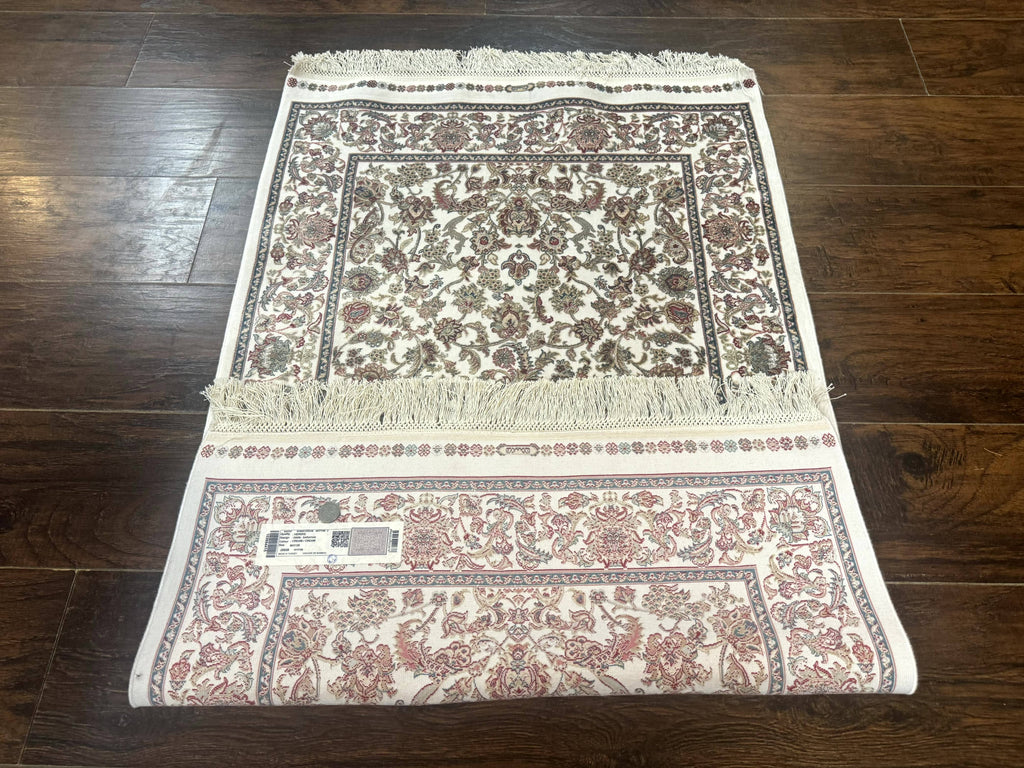 Small Turkish Silk Rug 2.6 x 4, Ivory, Allover Design, Bamboo Silk