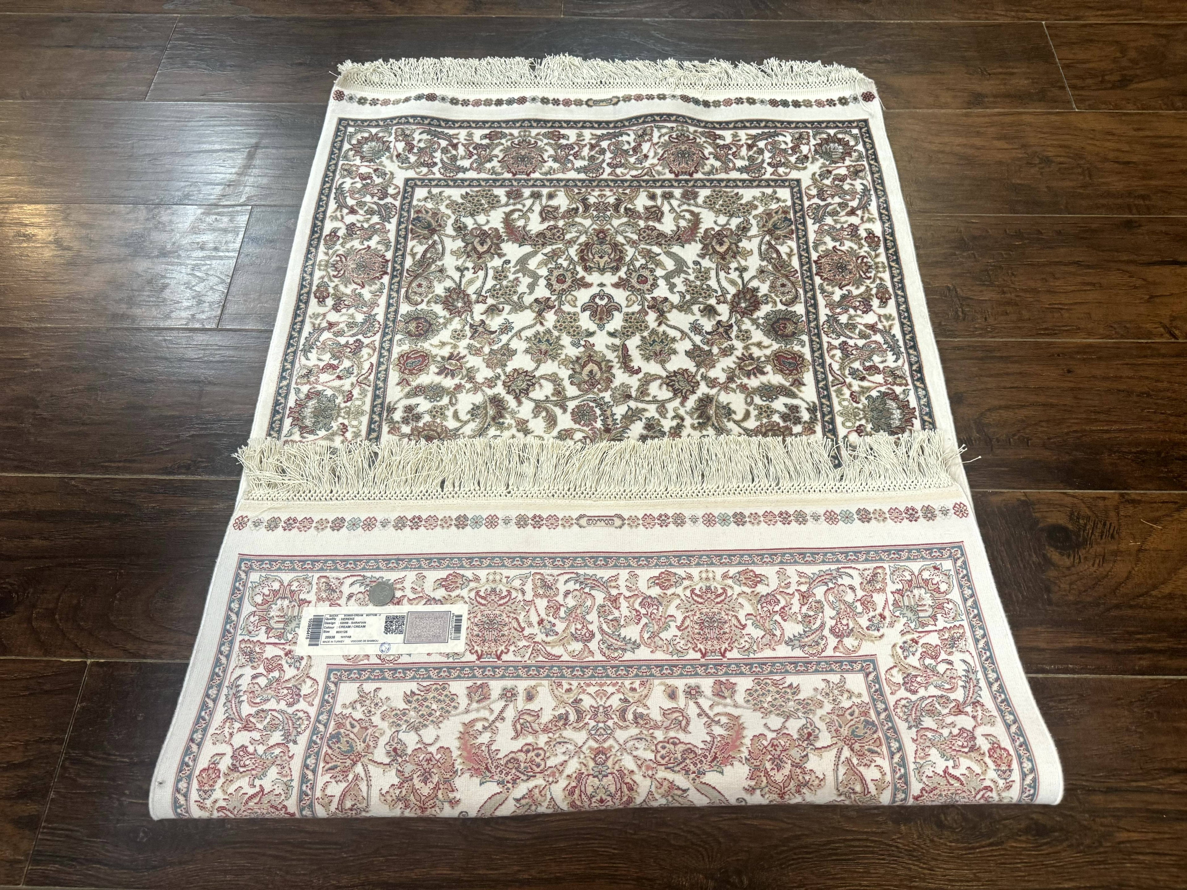 Small Turkish Silk Rug 2.6 x 4, Ivory, Allover Design, Bamboo Silk