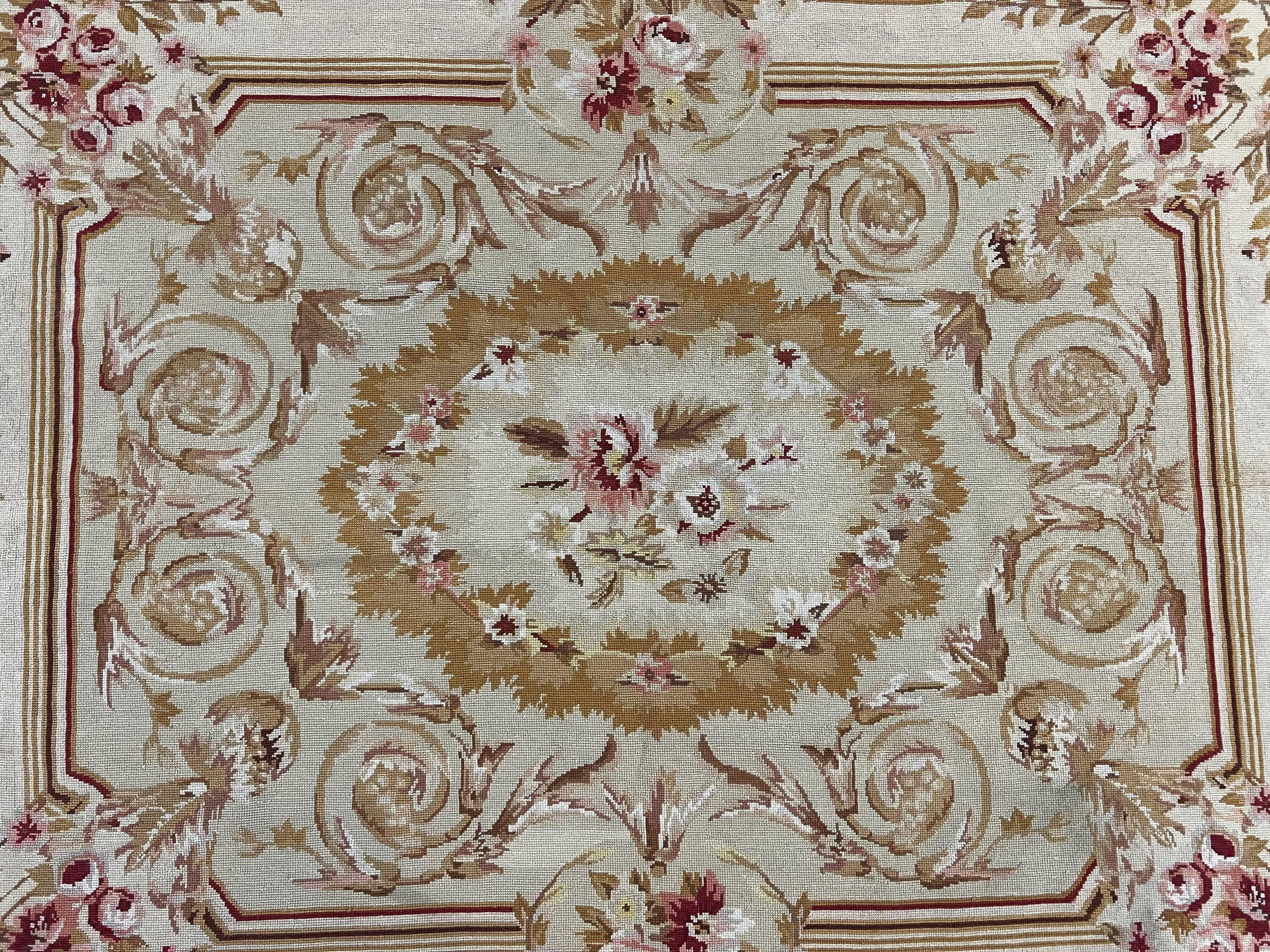 Aubusson Needlepoint Rug 4x5 ft, Beige and Tan, Aubusson Savonnerie Vintage Carpet, Handwoven Handmade Wool Rug, European Design Floral Rose