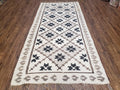 Semi Antique South American Blanket 4x8, Wool Hand-Woven Flatweave Kilim Rug, Handmade Antique Vintage Runner, Ivory & Blue, Diamond Panel