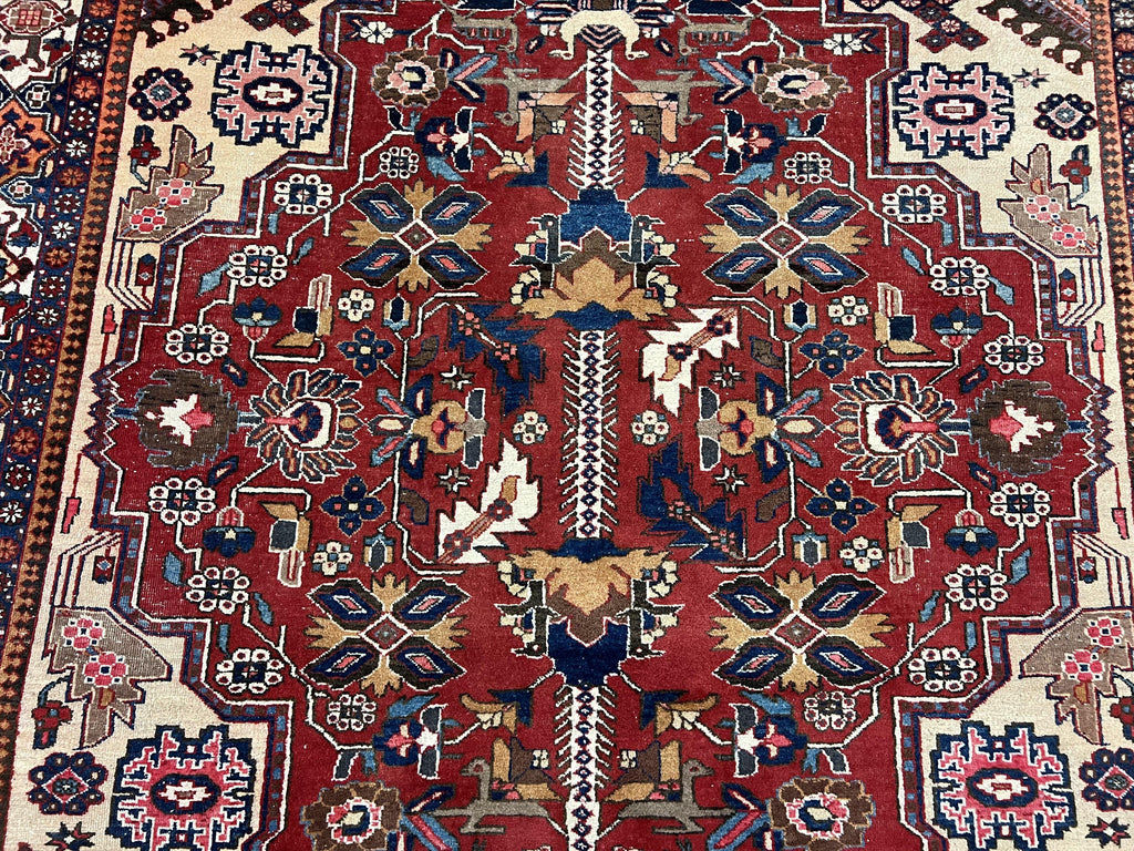 Antique Persian Heriz Rug 8x12 ft, Geometric Tribal Room Sized Carpet, Camel Hair Red Navy Blue, Wool Hand Knotted Medallion Oriental Carpet