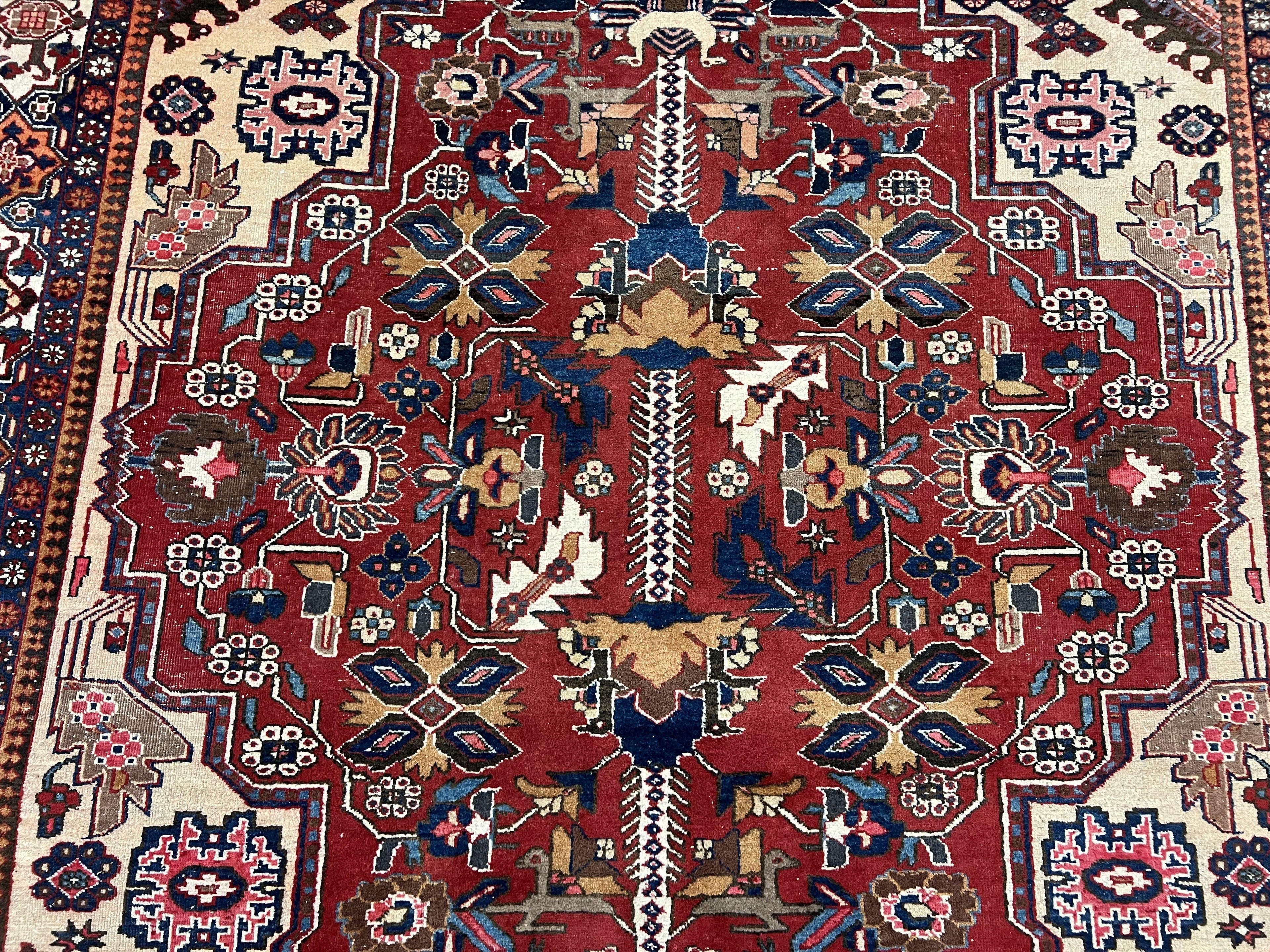 Antique Persian Heriz Rug 8x12 ft, Geometric Tribal Room Sized Carpet, Camel Hair Red Navy Blue, Wool Hand Knotted Medallion Oriental Carpet