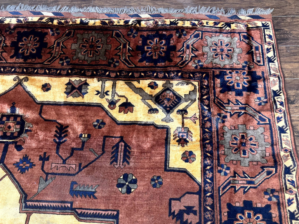 Afghan Heriz Rug 9x12, Tribal Geometric Serapi Carpet, Rust Cream and Navy, Wool on Wool