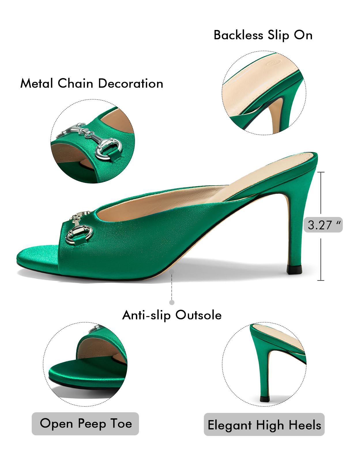 Coutgo Womens Slide Sandals Peep Toe Heeled Mules Metal Chain Green Size 8.5