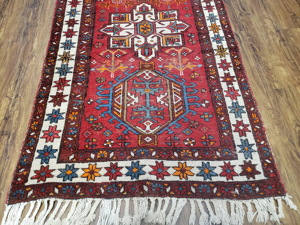 Antique Persian Heriz Karajeh Runner Rug 3x11, Hand-Knotted Red Geometric Medallions