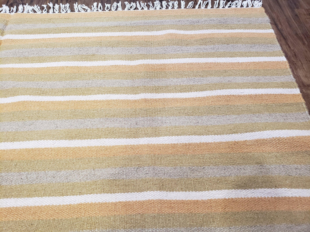 New Indian Kilim Area Rug, 6x8 - 7x8 South American Style Blanket, Striped Indian Wool Hand-Woven Flat Weave 6x9 Bedroom Rug, Ivory Ochre