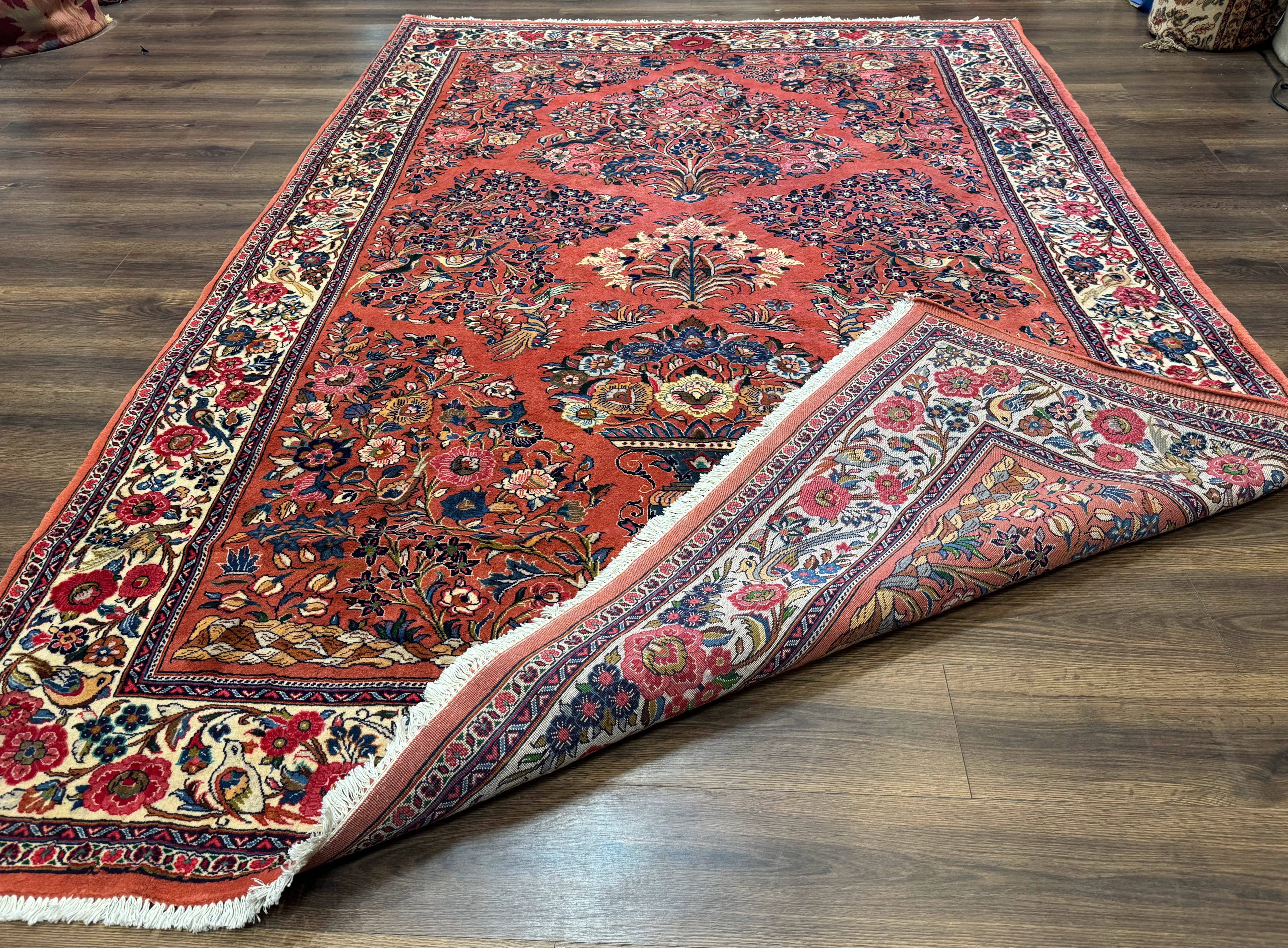 Persian Sarouk Rug 7x10, Red and Ivory, Floral Bouquets, Birds