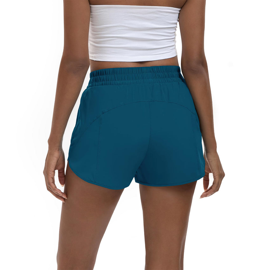 SAFWAK Women's High Waisted Running Shorts Quick Dry Zipper Pocket Turquoise L