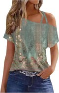 Decsth Womens Floral Boho One Shoulder Short Sleeve Shirt Green XL
