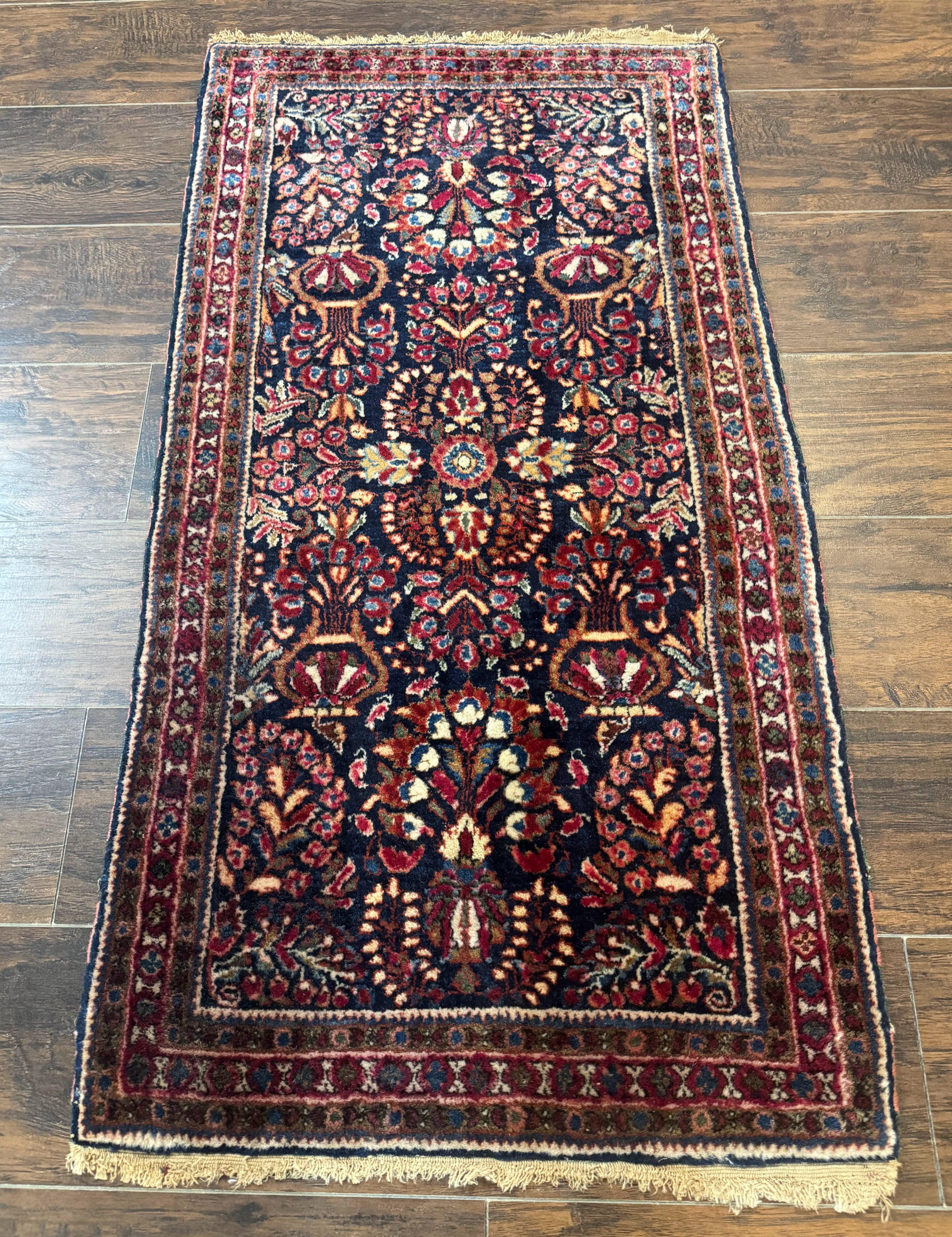 Small Navy Blue Persian Rug 2x4, Sarouk Rug, Rare Colors, Antique 1920s Wool Rug