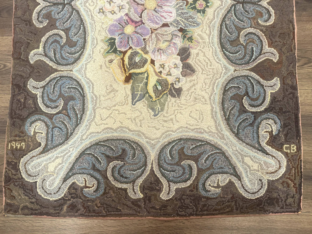 Antique American Hooked Rug 3 x 4.6, Vintage, Floral