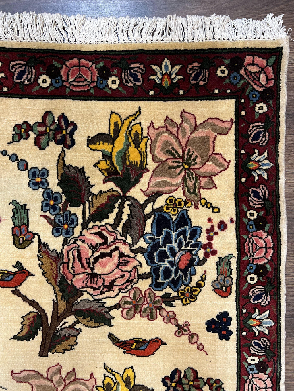 Persian Bidjar Rug 3.6 x 5 ft, Repeated Floral Motifs, Roses and Birds, Cream Burgundy, Fine Wool Oriental Bijar Carpet, Vintage Traditional Area Rug