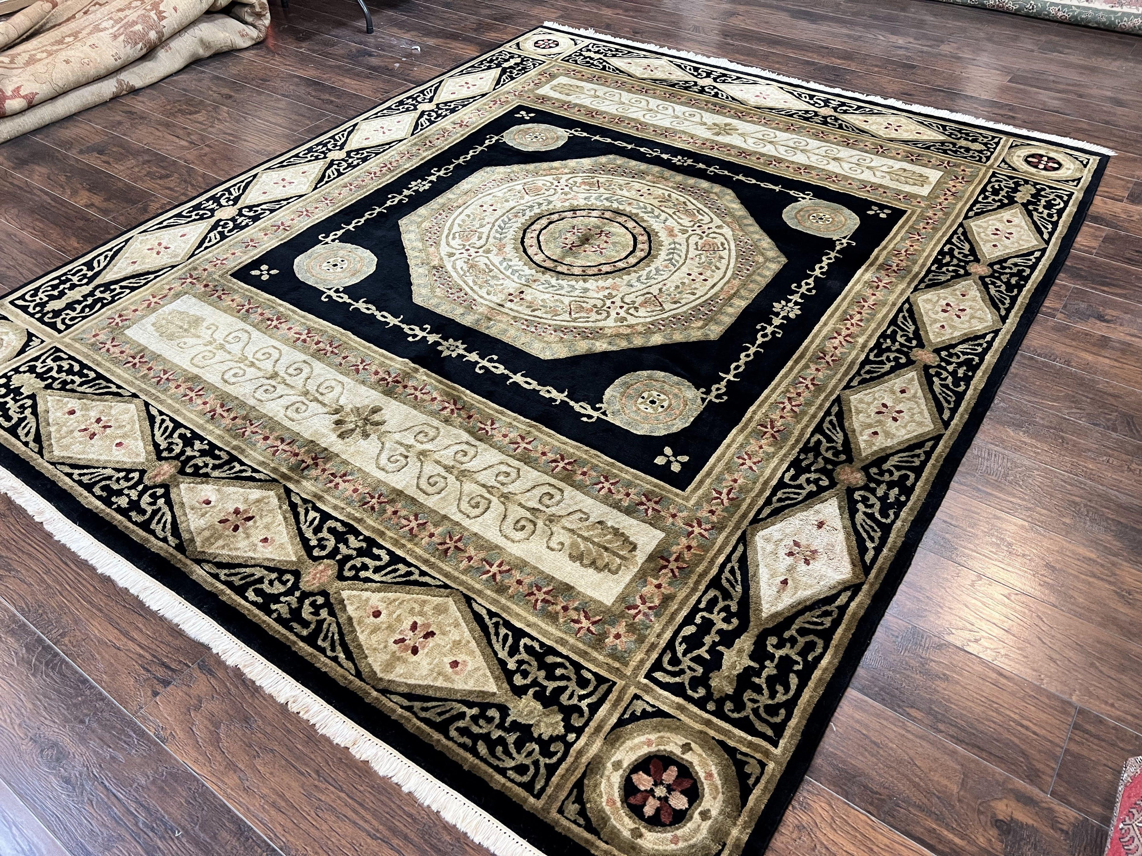 Tibetan Rug 8x10, Nepali Area Rug, Soft New Zealand Wool Carpet 8 x 10 ft, Black Tan Beige, Vintage Handmade Rug, French Aubusson Pattern