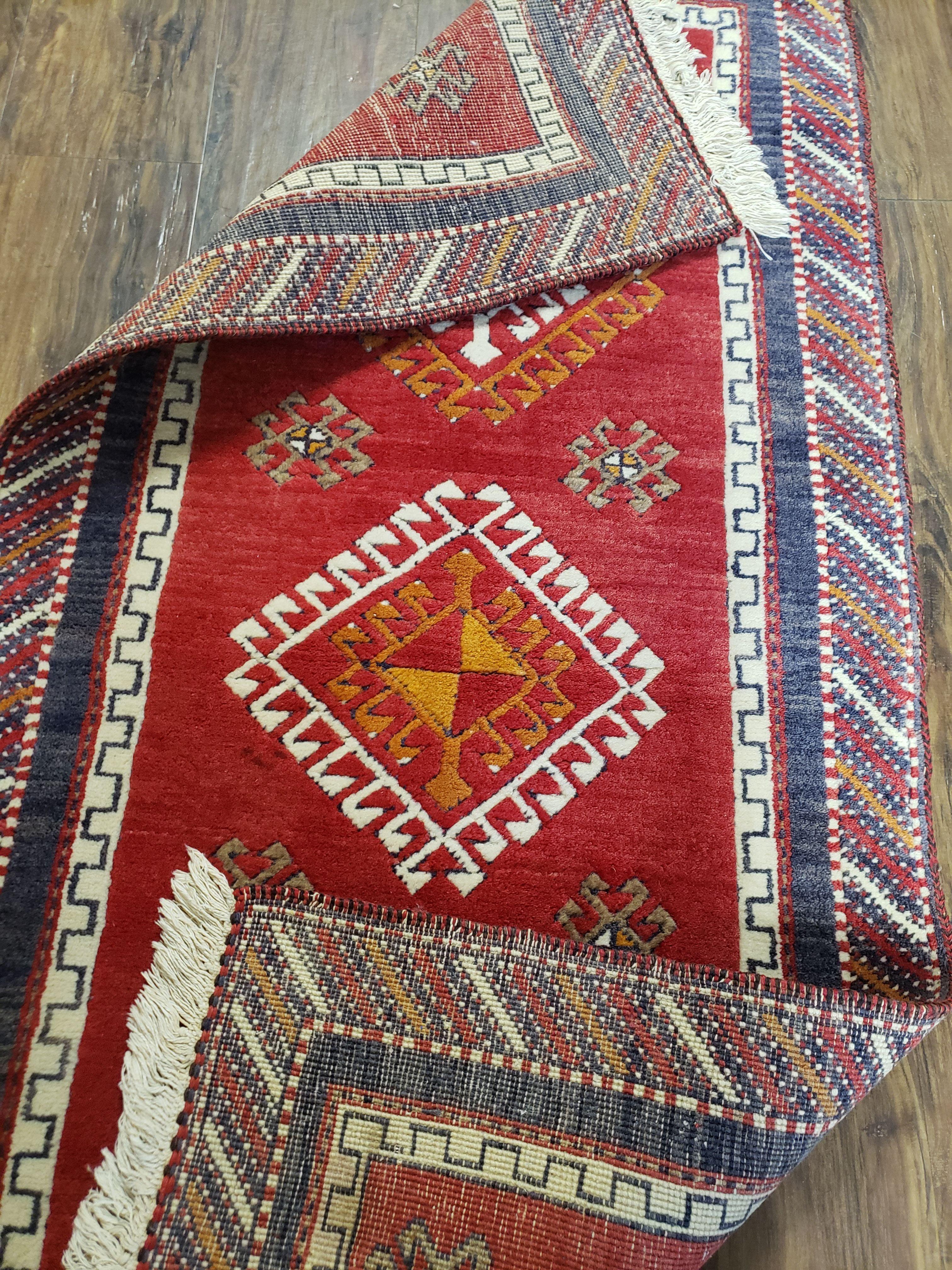 Vintage Turkish Kazak Rug 2.5 x 5 Red Wool Carpet Medallions Runner Geometric
