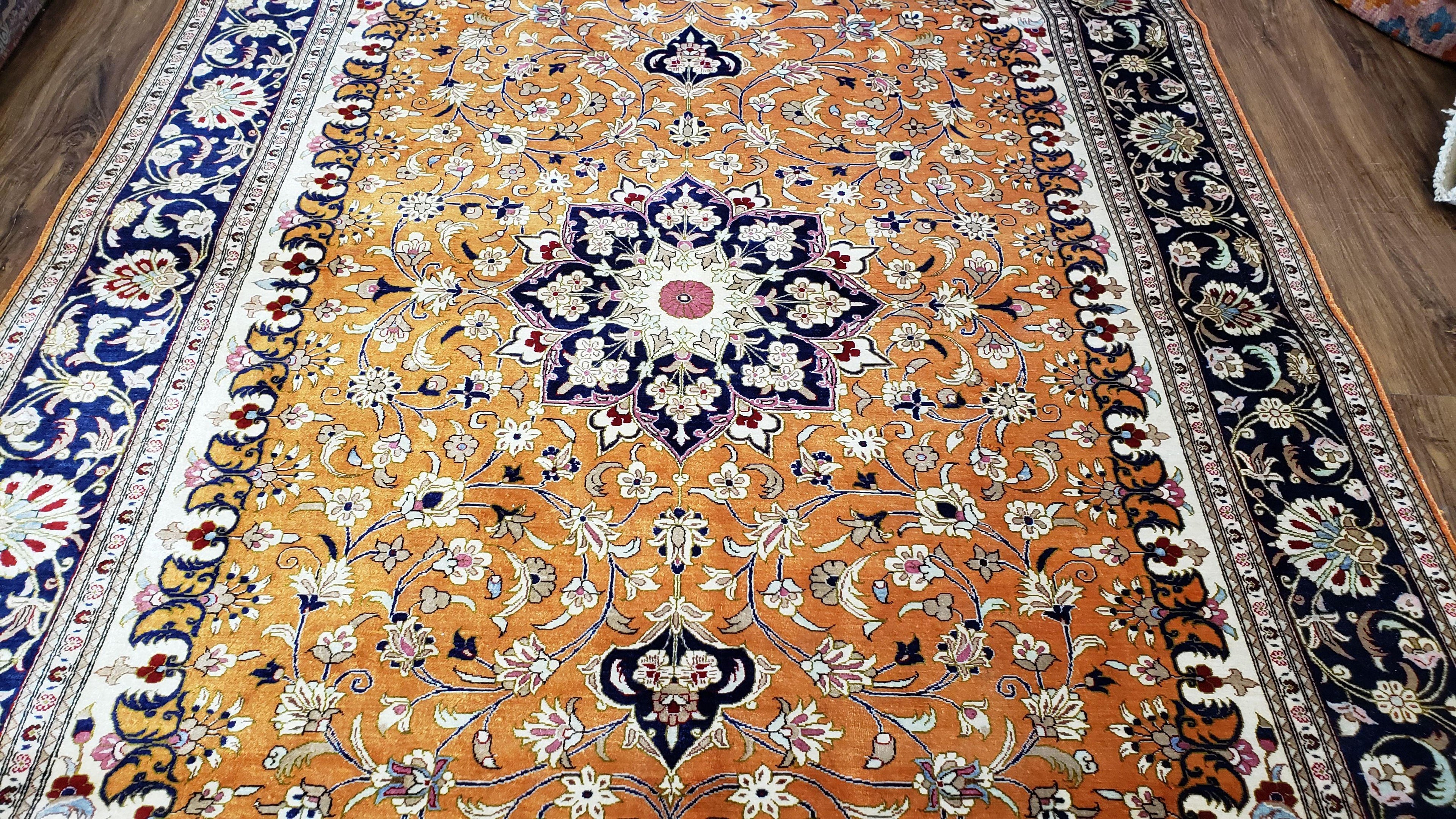 Vintage Persian Qum Silk Rug 4.6 x 6.7, Burnt Orange and Navy Blue, Antique Oriental Very Fine Signature Master Weaver 350+ KPSI Ghom Qom 5x7 Rug