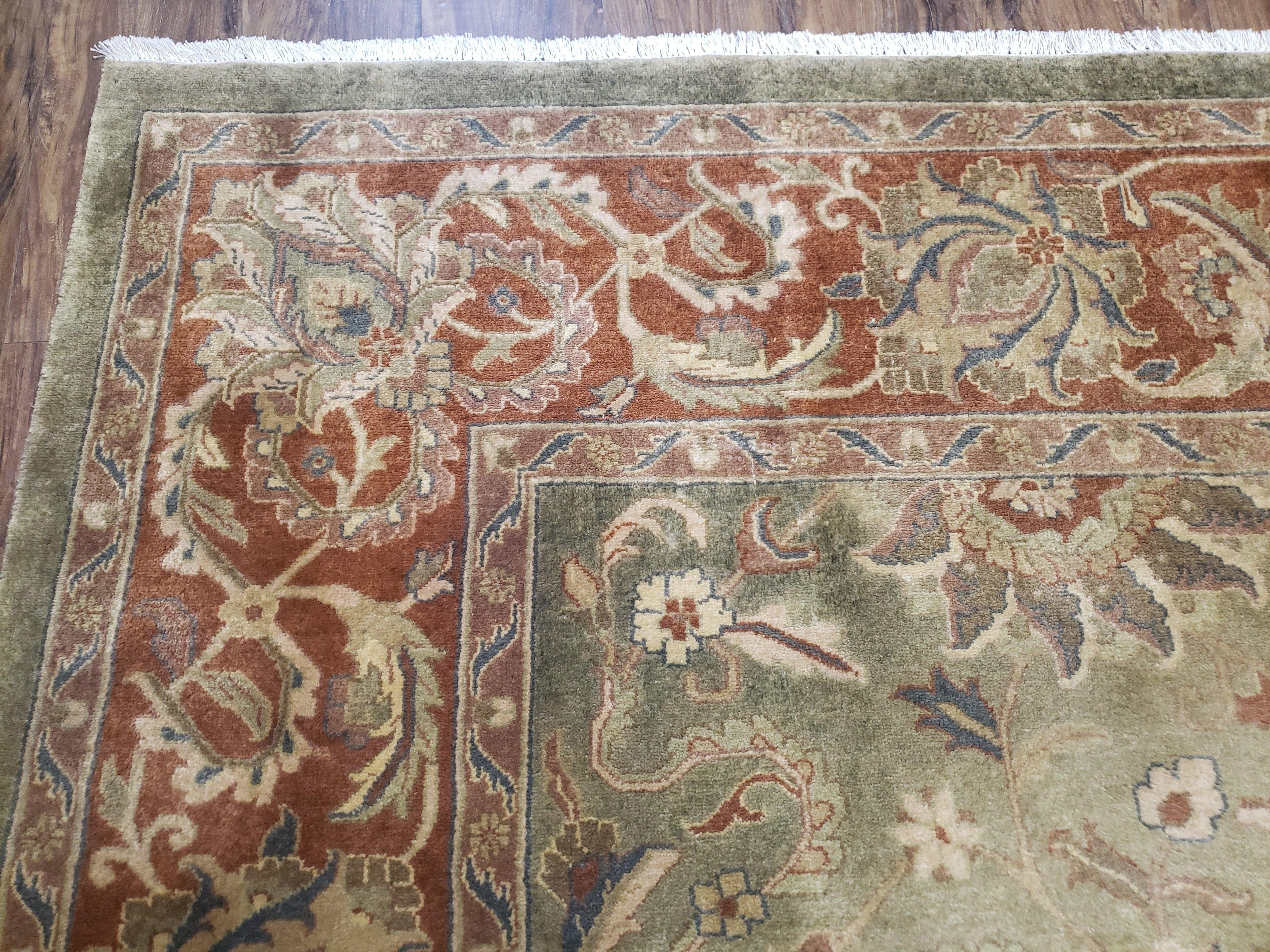 Green Indo Mahal Area Rug 9x12, Wool Hand-Knotted Carpet