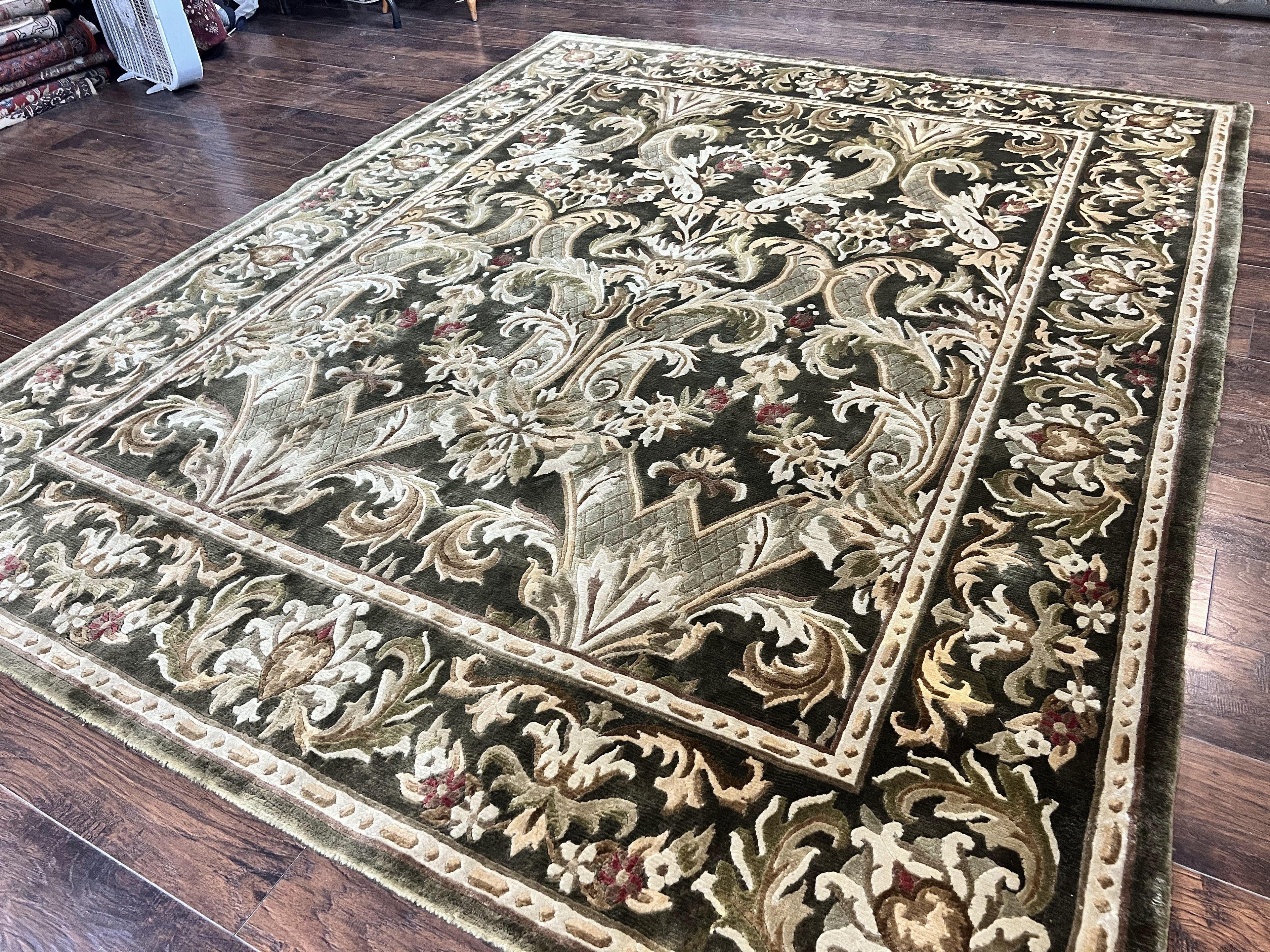 Tibetan Rug 8x10, European Design, Floral, Green, Handmade, Wool, Nepali Rug
