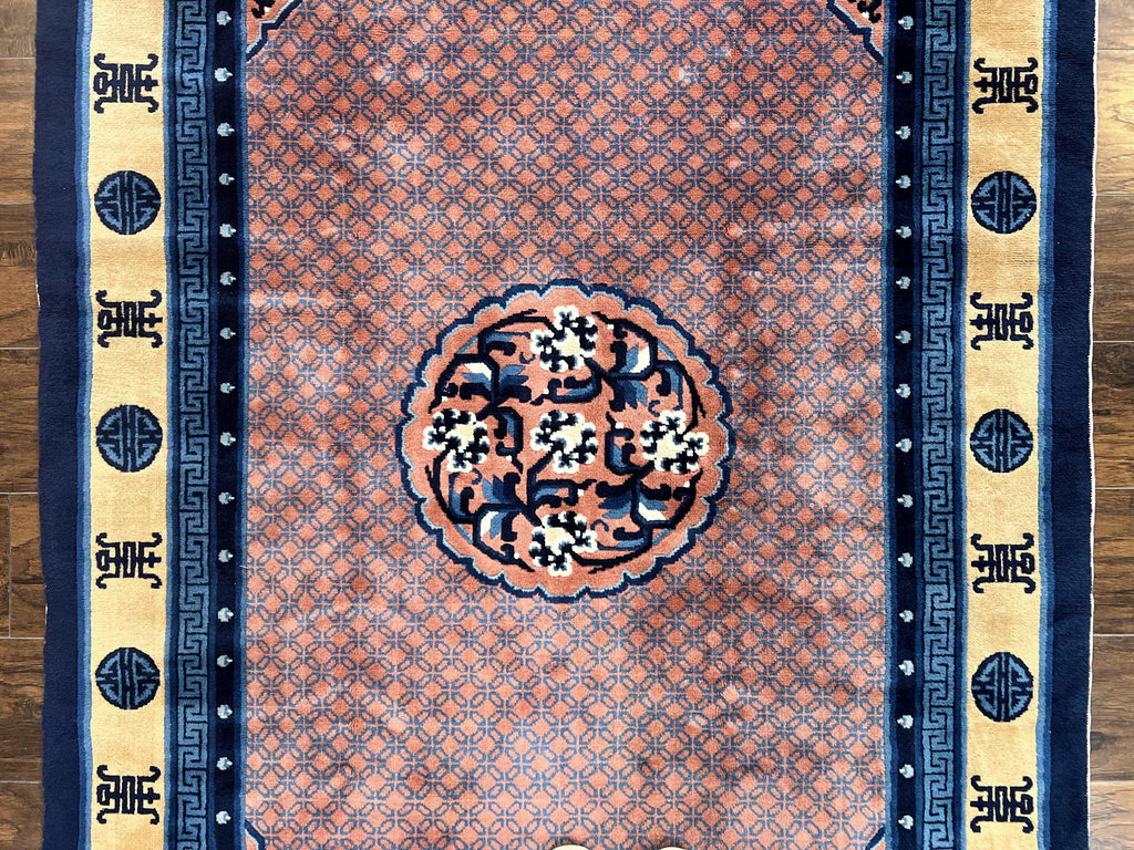 Chinese Peking Rug 5x8, Vintage Semi Antique Chinese Art Deco Carpet, Wool Pile Light Red/Salmon Gold Navy Blue, Handmade Asian Oriental Rug