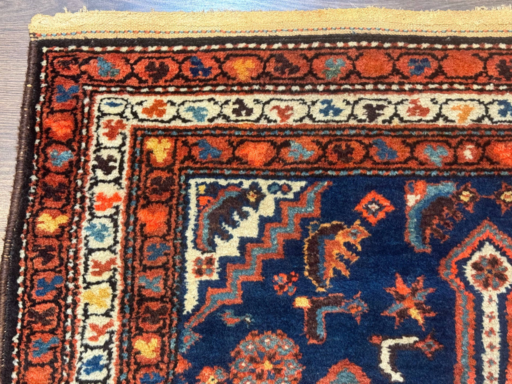 Antique Persian Hamadan Rug 4x6, Geometric, Double Medallions, Navy Blue, Tribal Carpet