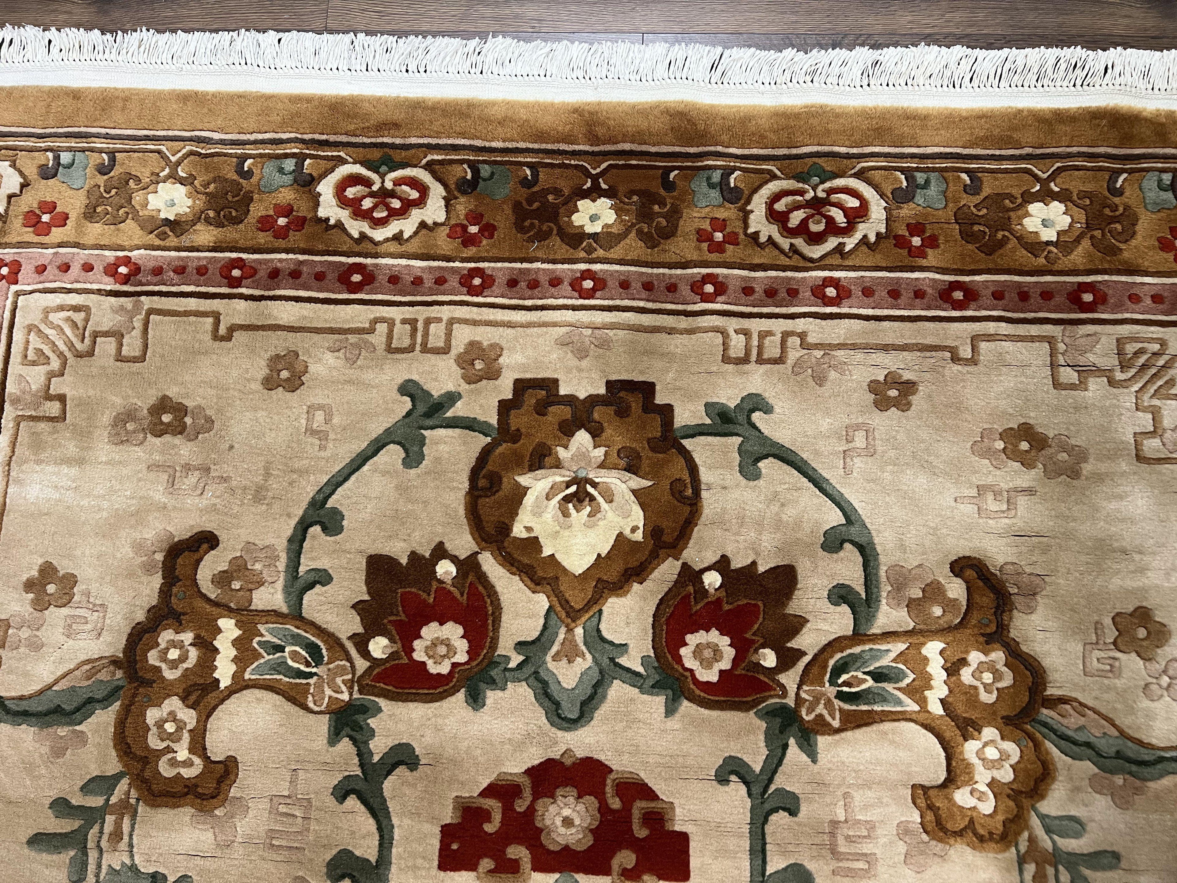 Chinese Wool Rug 5.9 x 9, Tan and Brown Asian Art Deco Carpet, Vintage 1960s Oriental Rug, Hand-Knotted Rug, Soft Wool, Medallion, Pair B