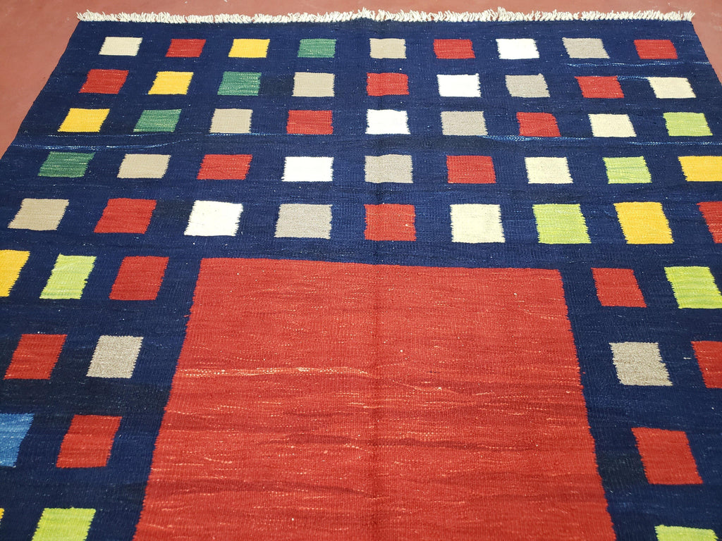 Turkish Kilim Rug 5x7 - 6x8, Checkerboard Kilim Carpet, Area Rug, New Playroom Rug, Colorful Multicolor Rug for Nursery Room, Dark Blue Red