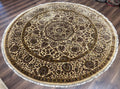 Round Indo Persian Rug 8x8 ft, Large Hand Knotted Vintage Wool Circular Carpet, 8ft Round Oriental Rug, Floral Medallion, Cream and Green