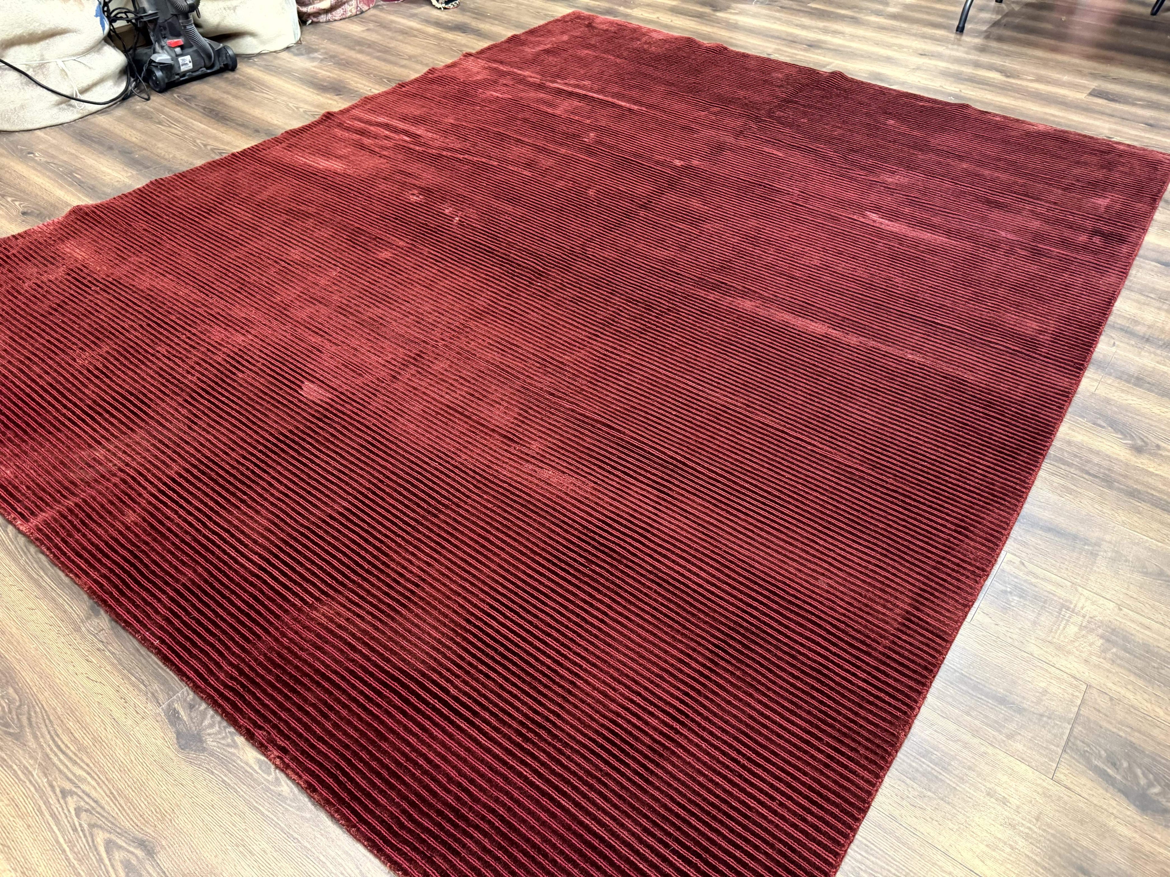 Modern Tibetan Rug 8x10, Red, Stripes, Handmade Wool Thick Pile Carpet