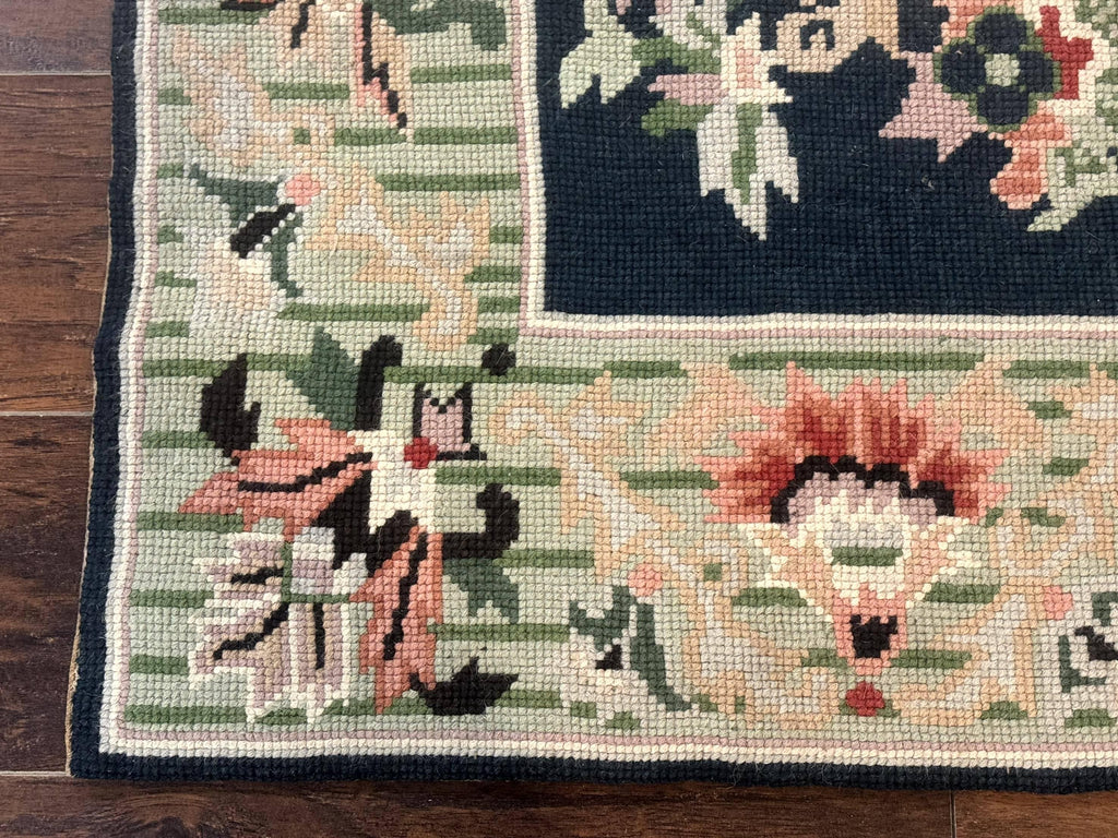 Vintage American Needlepoint Rug 4x6, Dark Green, Wool, Handmade, Flatweave Carpet