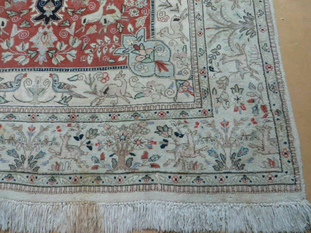 6' X 9' Vintage Handmade India Oriental Floral Wool Rug Hunting Bird Deer Nice