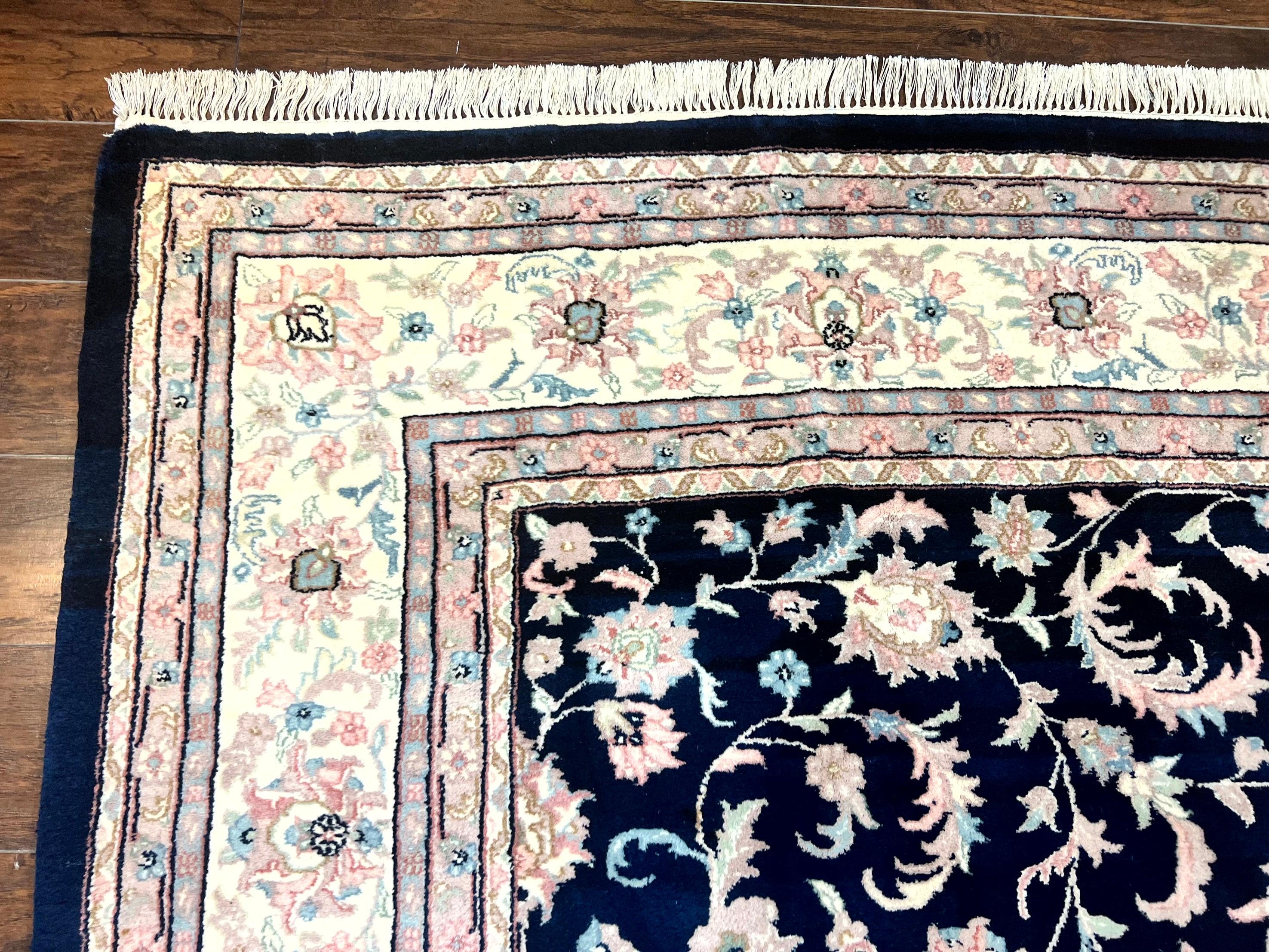 Indo Persian Rug 9x12, Navy Blue and Ivory/Cream, Floral Allover, Wool Vintage Handmade Carpet