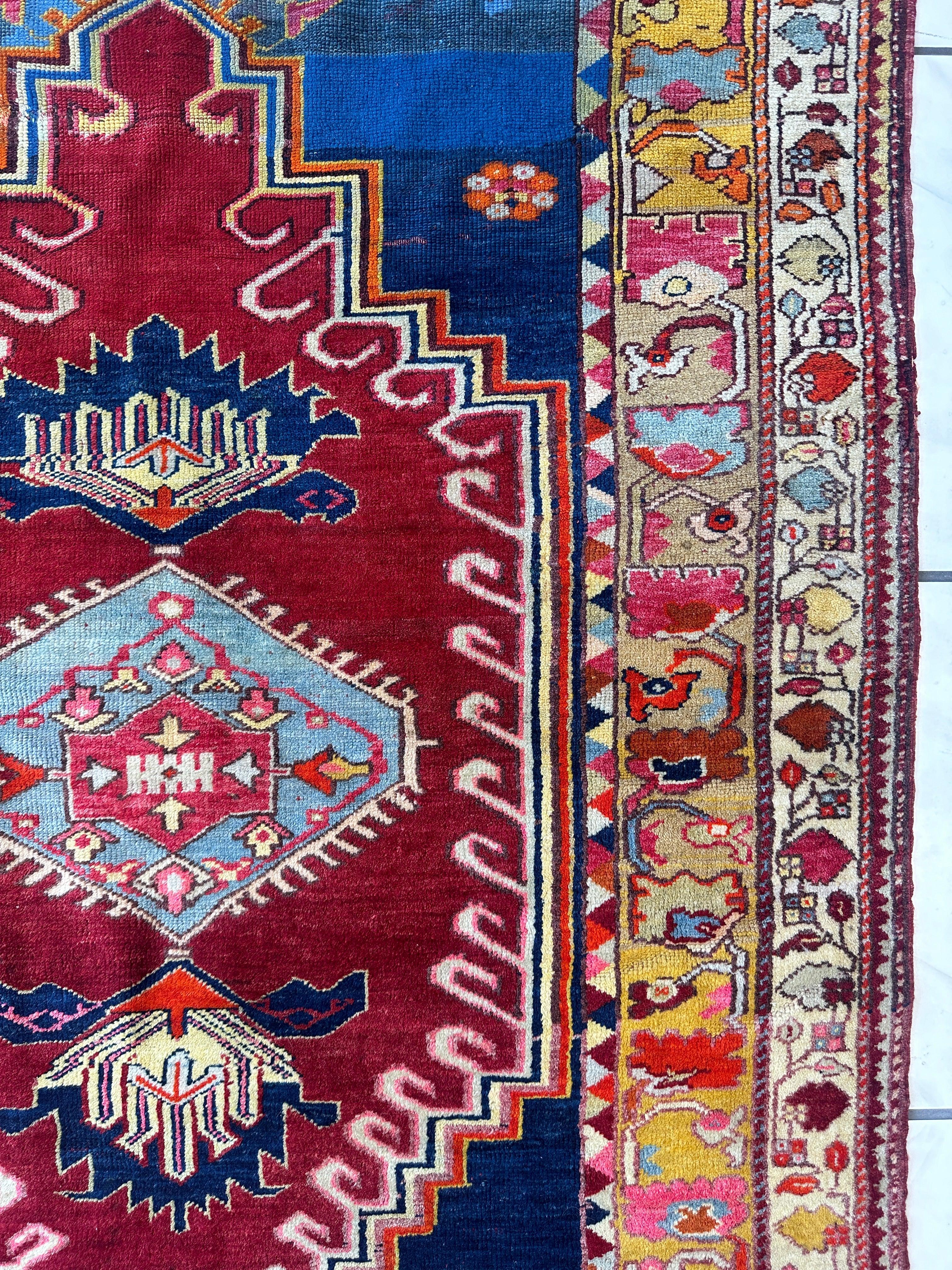 Hand-Knotted Antique Turkish Melas Wool Rug – 4'3" x 5'11" – Vibrant Geometric Motifs