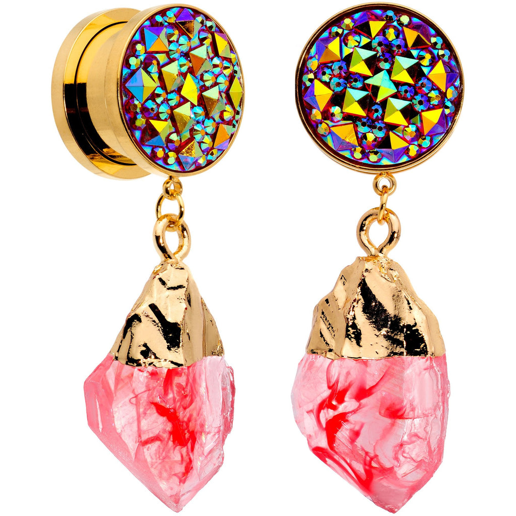Pink Faux Druzy Quartz Gold Tone Dangle Screw Fit Plug Set 8mm to 16mm