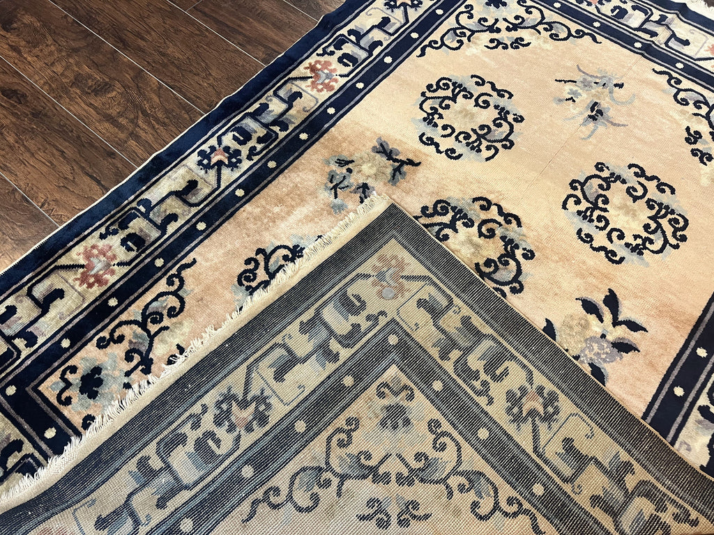 Chinese Peking Rug 4x6, Wool Hand Knotted Handmade Vintage Semi Antique Carpet, Semi Open Field, Light Peach & Navy Blue, Art Deco Rug