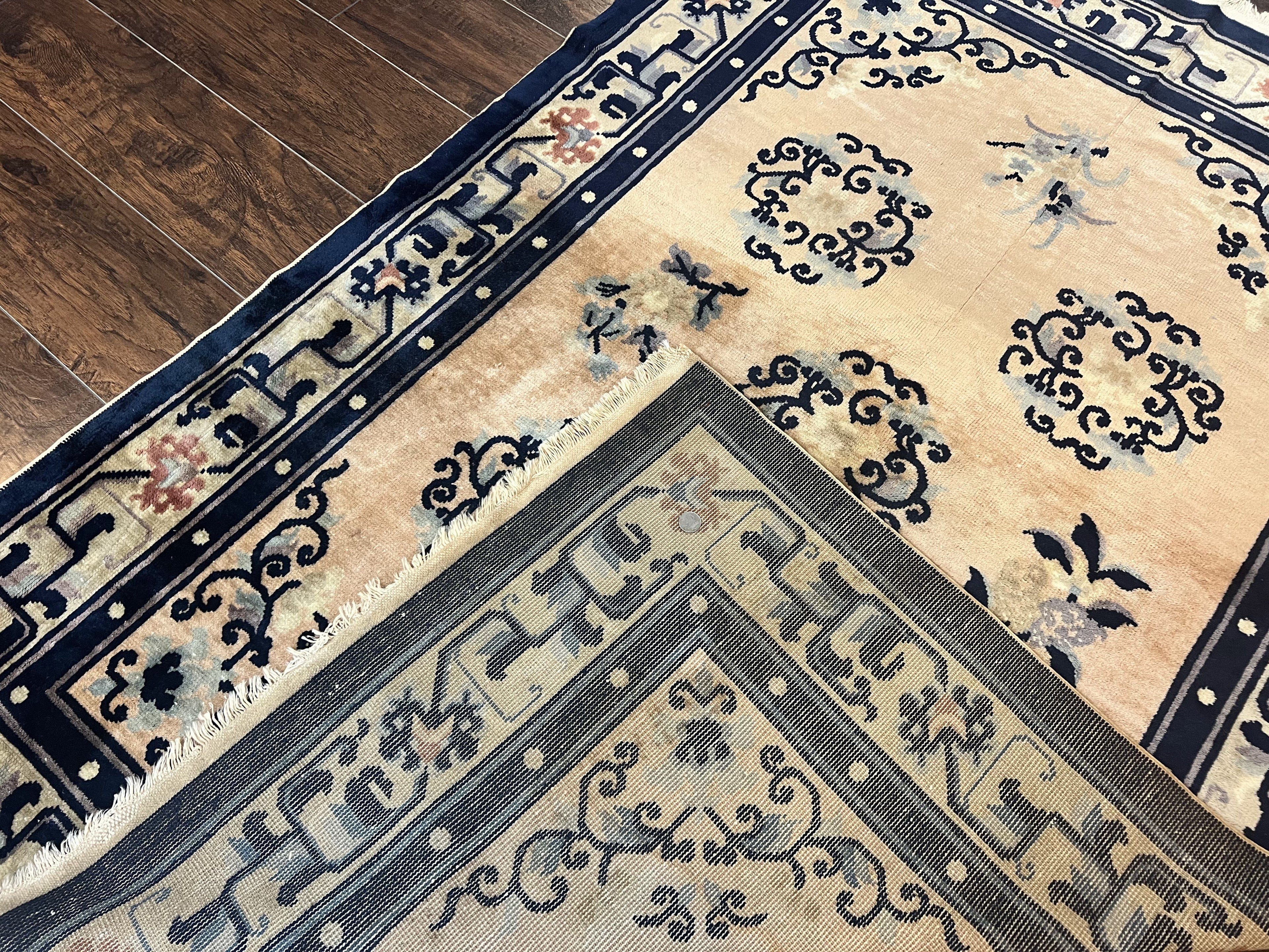Chinese Peking Rug 4x6, Wool Hand Knotted Handmade Vintage Semi Antique Carpet, Semi Open Field, Light Peach & Navy Blue, Art Deco Rug