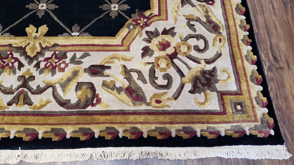 Nepal Rug 6x9, New Aubusson Nepalese Tibetan Carpet 6'1" x 8' 8", Hand-Knotted Wool, Unused, Black & Cream, Savonnerie Pattern, Soft Pile