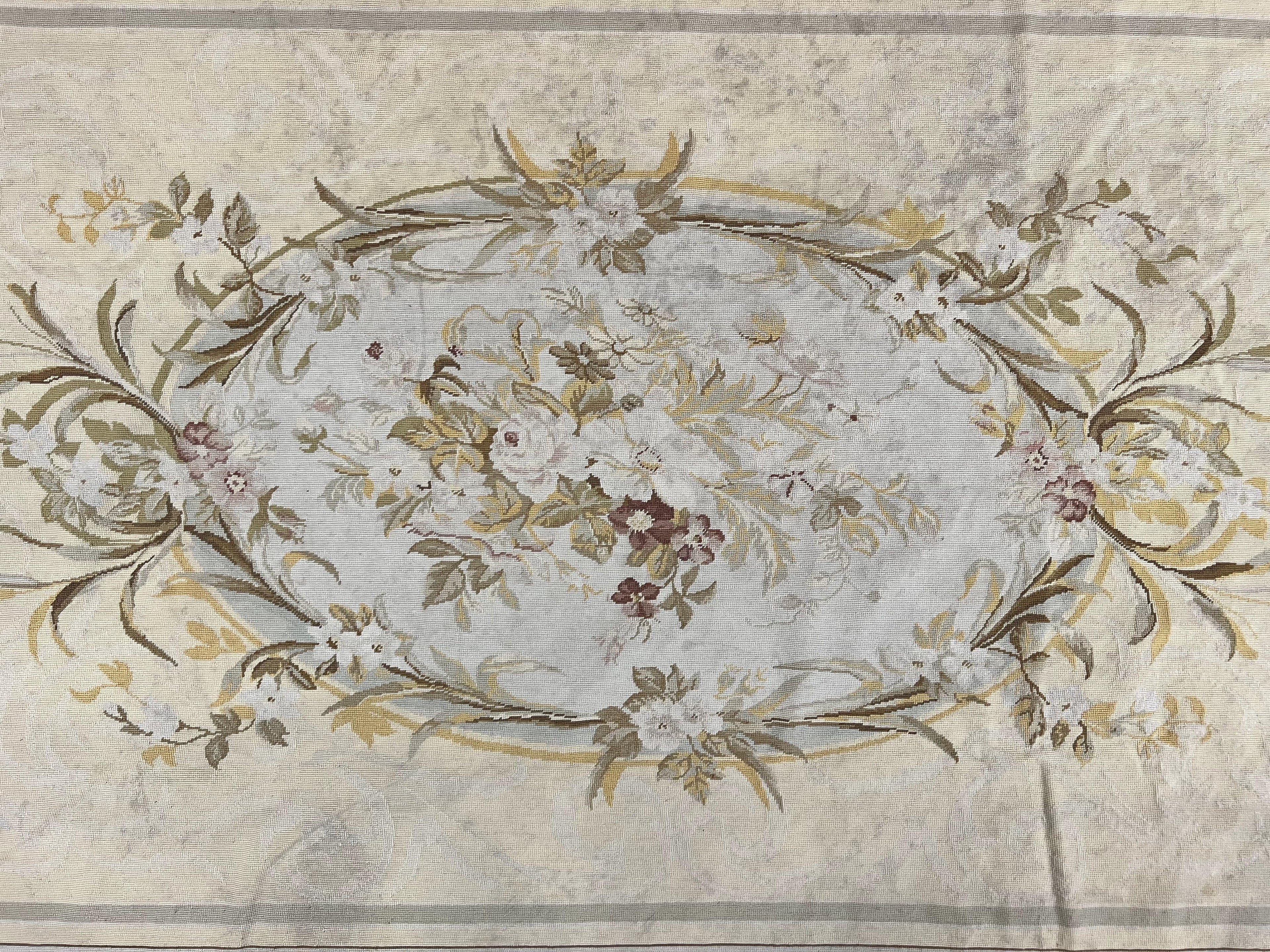 Needlepoint Rug 6x9, Elegant European Design Aubusson Carpet, Vintage Wool Handmade Rug, Light Yellow Ivory