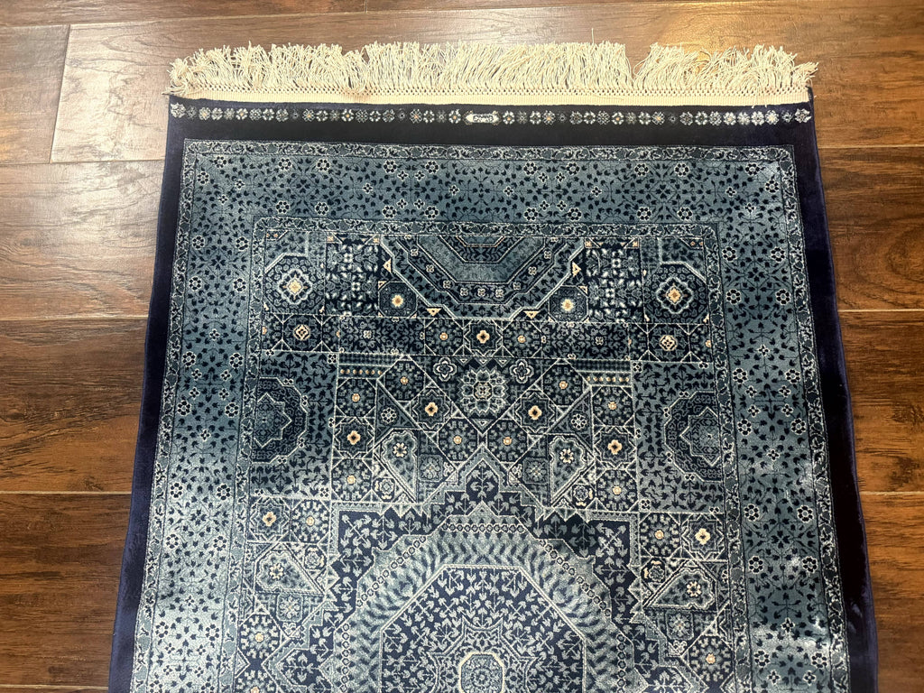 Blue Turkish Silk Hereke Rug 2.6 x 4, Mamluk Red, Blue, Bamboo Silk