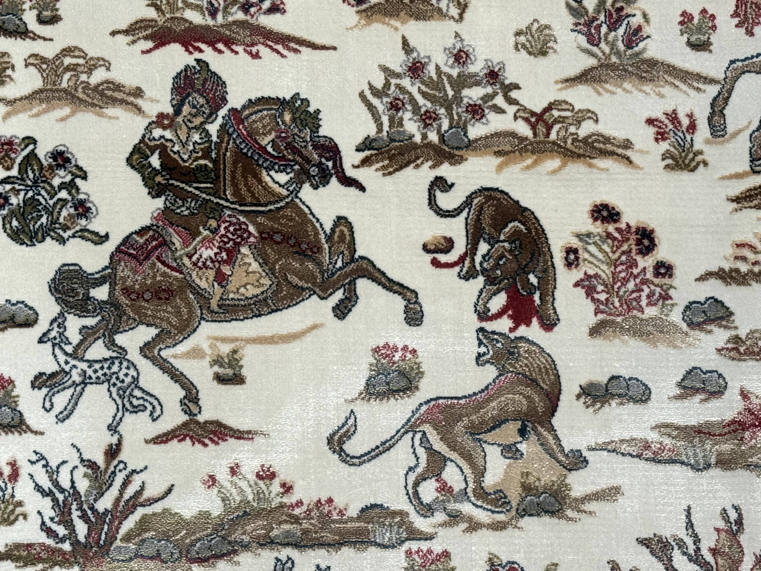 Turkish Silk Hunting Scene Rug 4x6, Ivory, Bamboo Silk, New